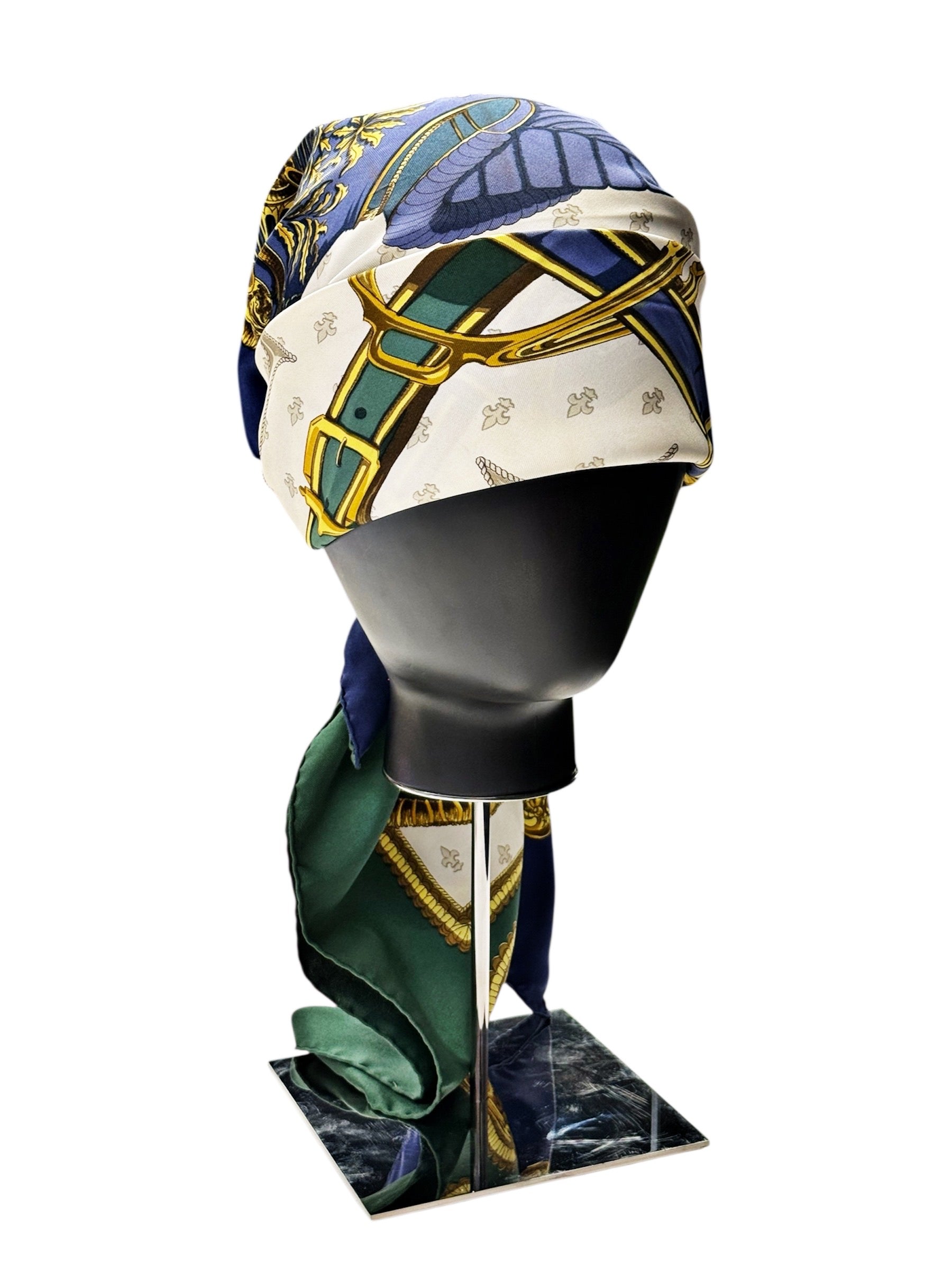 Hermès “Selles à Housse” Vintage Silk Scarf – Green, Navy & Gold Equestrian Print, Made in France