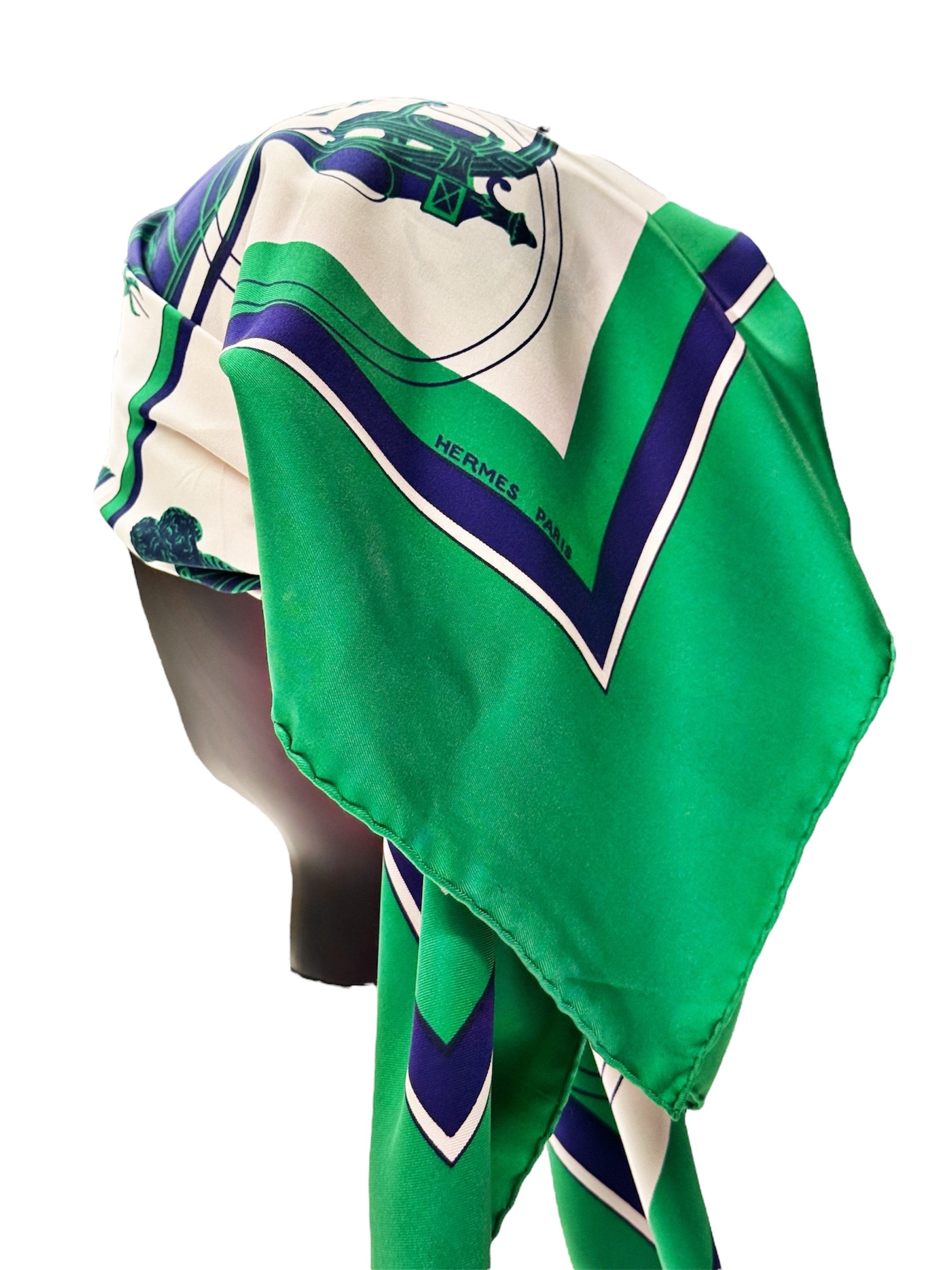 Vintage Hermès Paris Silk Scarf with Equestrian Carriage Print – Green & Navy – 100% Silk France