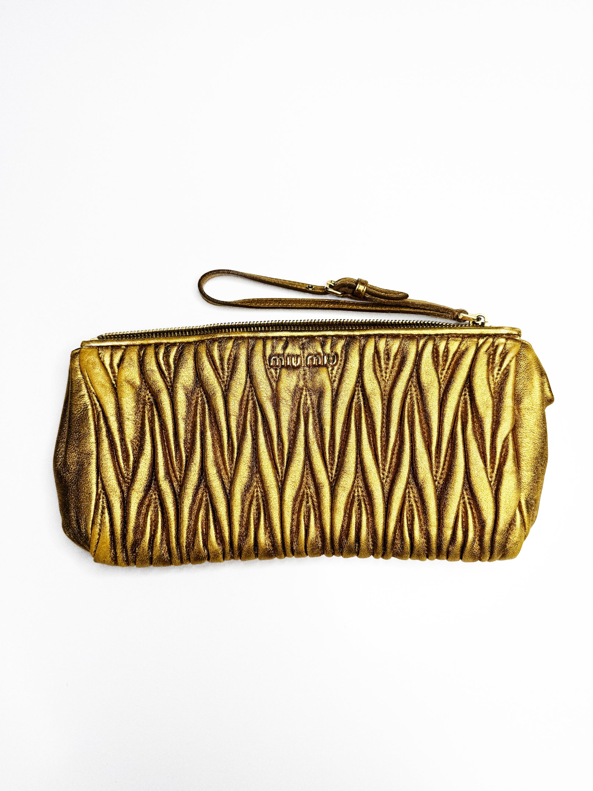 Miu Miu Ruched Metallic Gold Leather Clutch