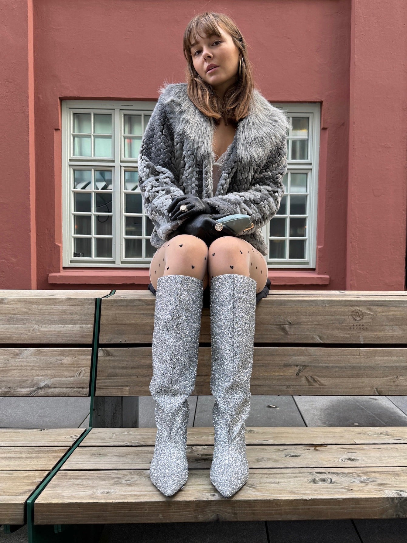 Miss Lina Grey Fur Jacket with Contrast Collar - M