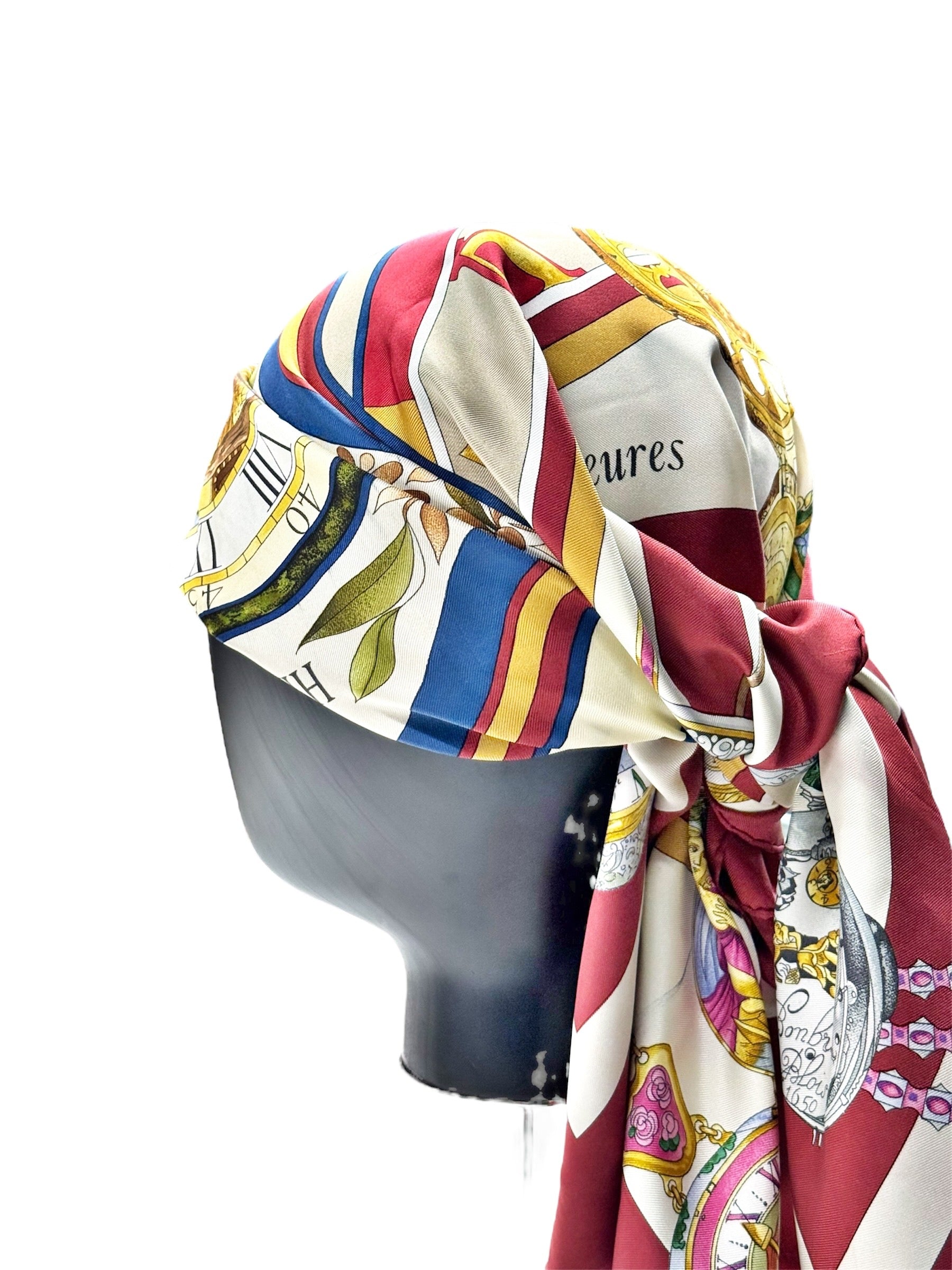 Hermès Silk Scarf “Au fil des heures” – Burgundy, Gold & Multicolor Watch Print, Made in France