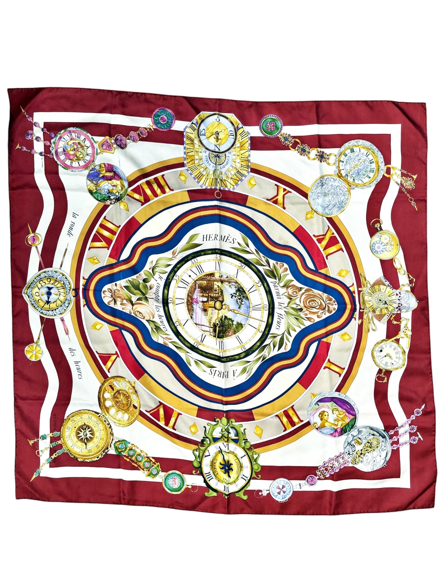 Hermès Silk Scarf “Au fil des heures” – Burgundy, Gold & Multicolor Watch Print, Made in France