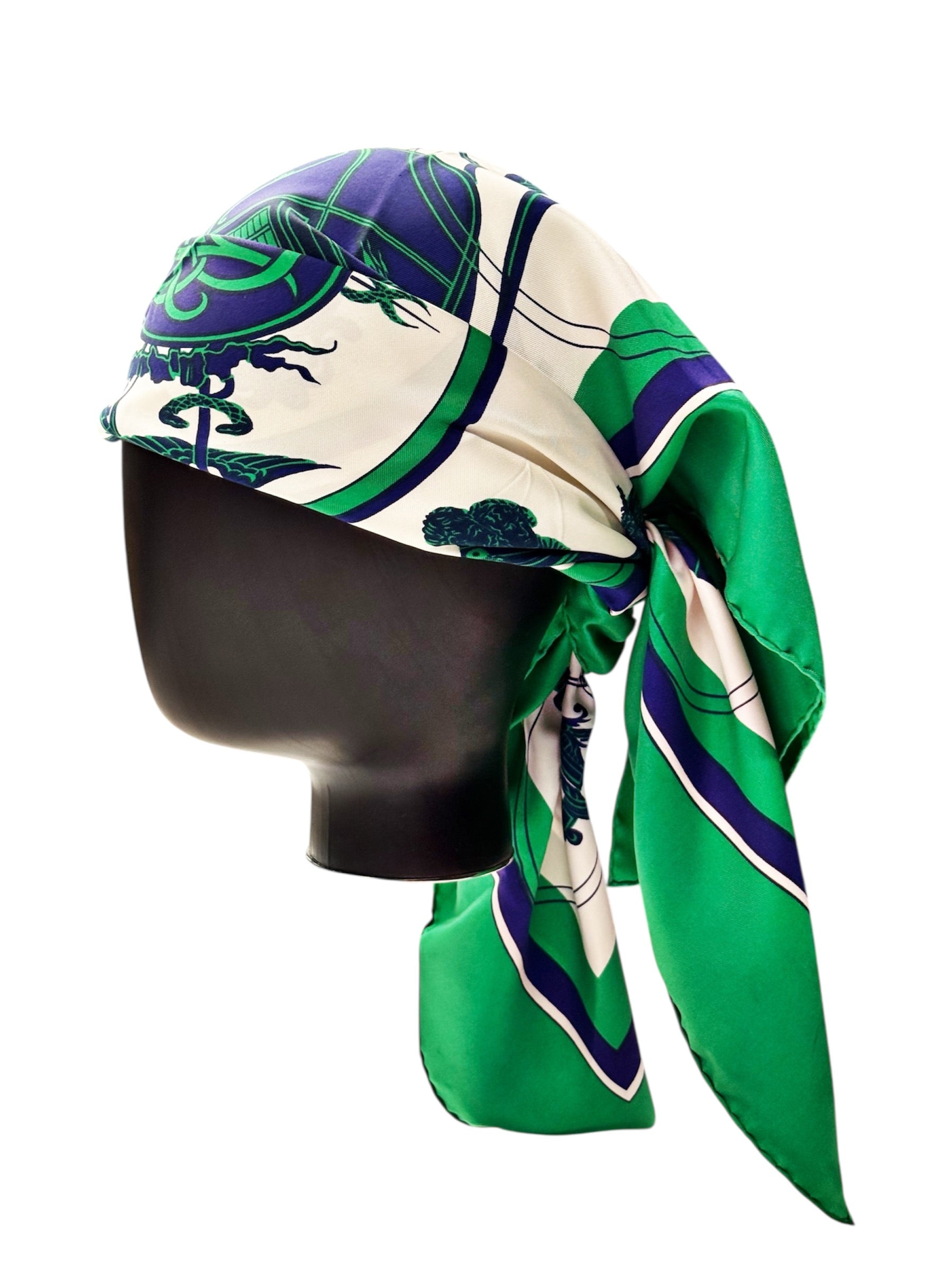 Vintage Hermès Paris Silk Scarf with Equestrian Carriage Print – Green & Navy – 100% Silk France