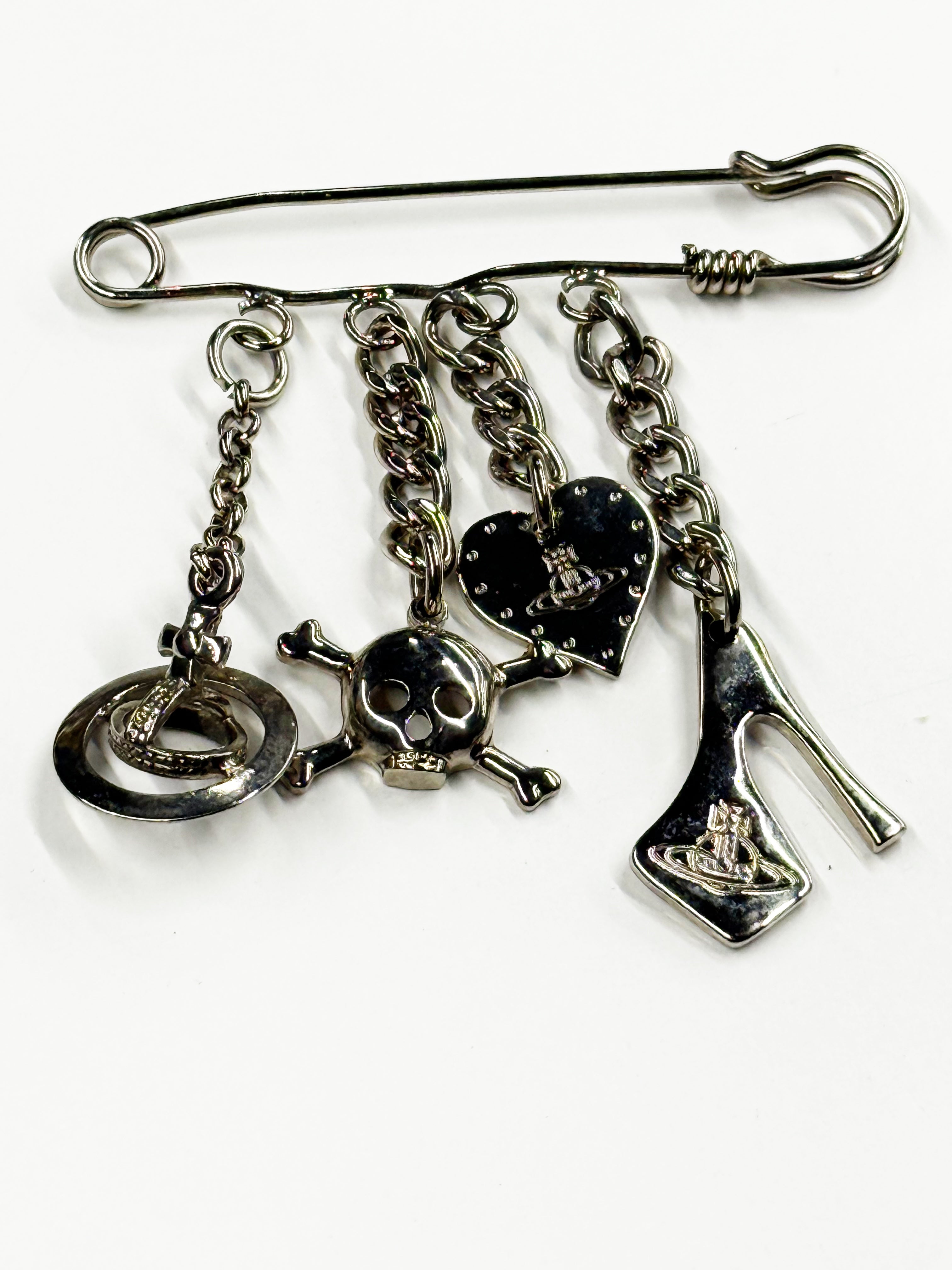 Vivienne Westwood Safety Pin Charm Brooch with Orb & Skull Motifs