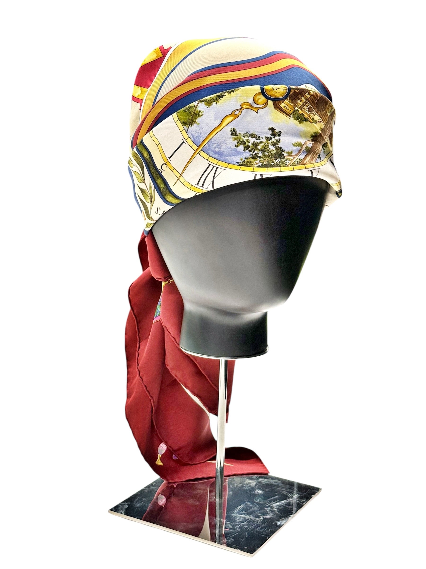 Hermès Silk Scarf “Au fil des heures” – Burgundy, Gold & Multicolor Watch Print, Made in France