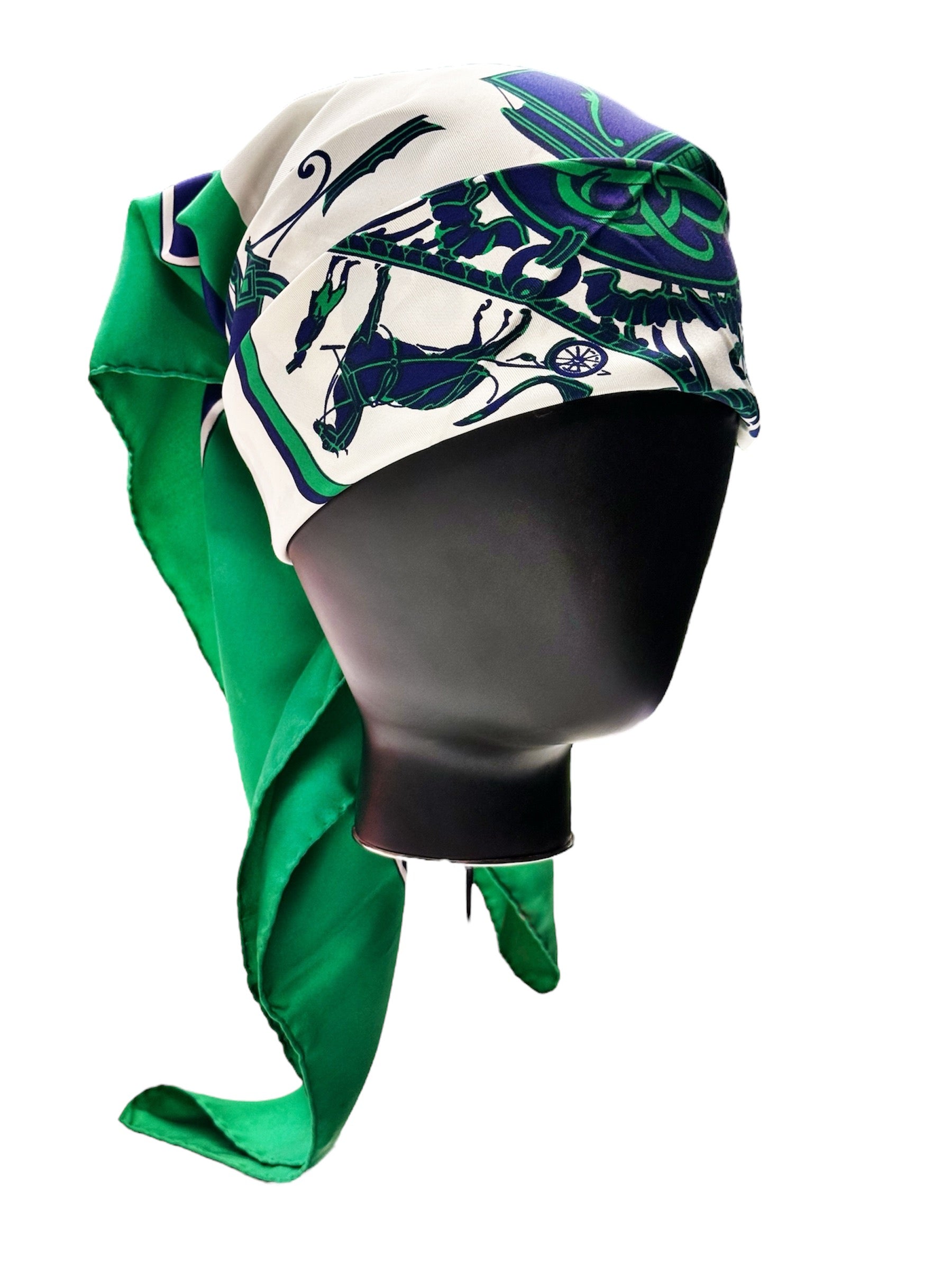 Vintage Hermès Paris Silk Scarf with Equestrian Carriage Print – Green & Navy – 100% Silk France