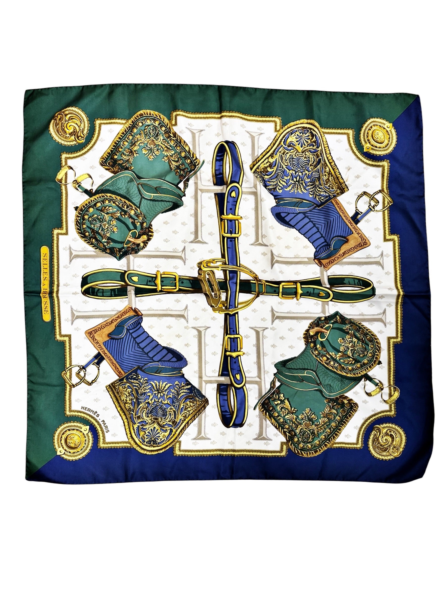 Hermès “Selles à Housse” Vintage Silk Scarf – Green, Navy & Gold Equestrian Print, Made in France
