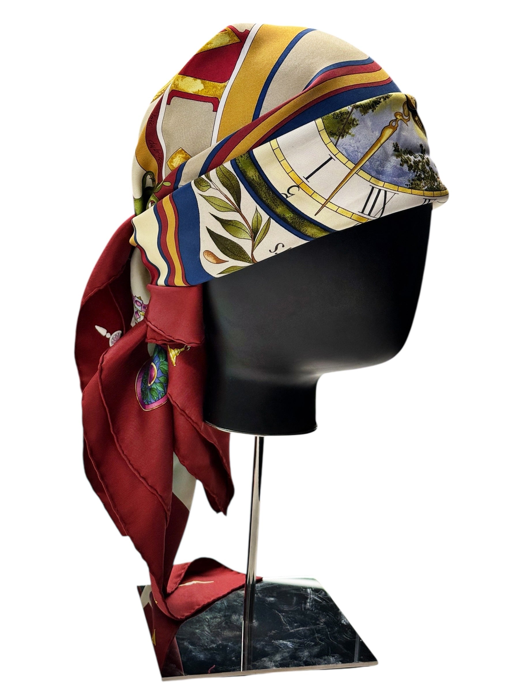 Hermès Silk Scarf “Au fil des heures” – Burgundy, Gold & Multicolor Watch Print, Made in France