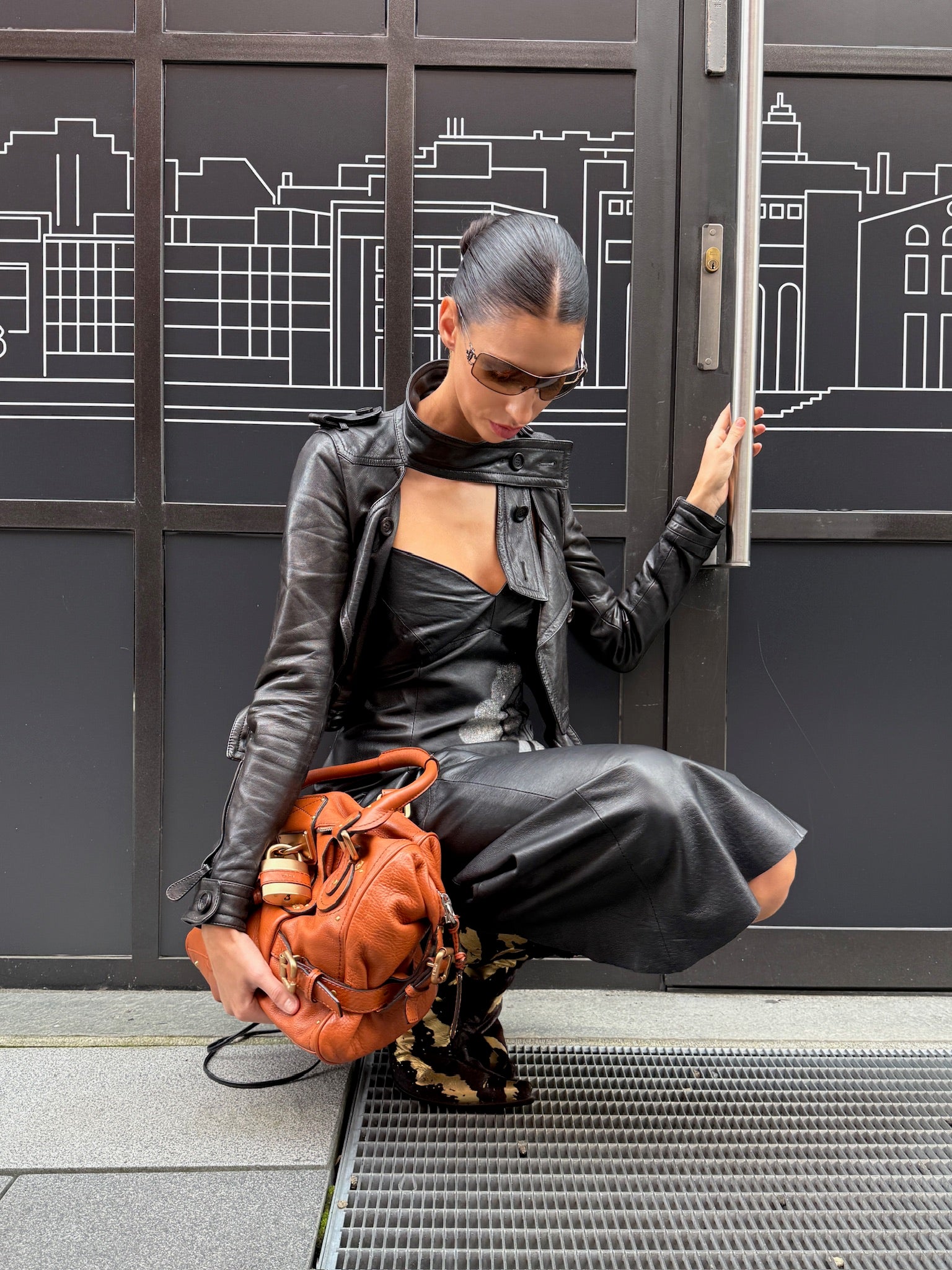 Black Leather Lace-Up Dress with Spray Floral Detail — Faust