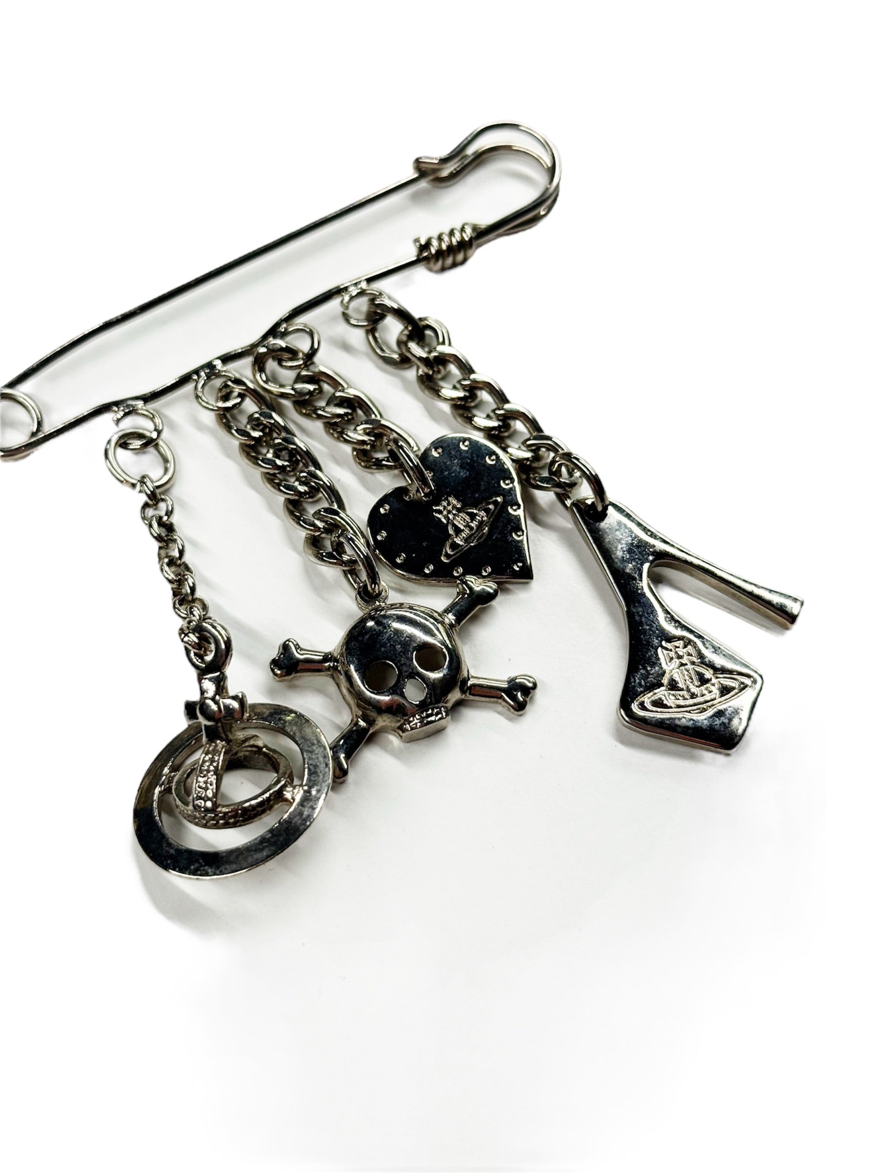 Vivienne Westwood Safety Pin Charm Brooch with Orb & Skull Motifs