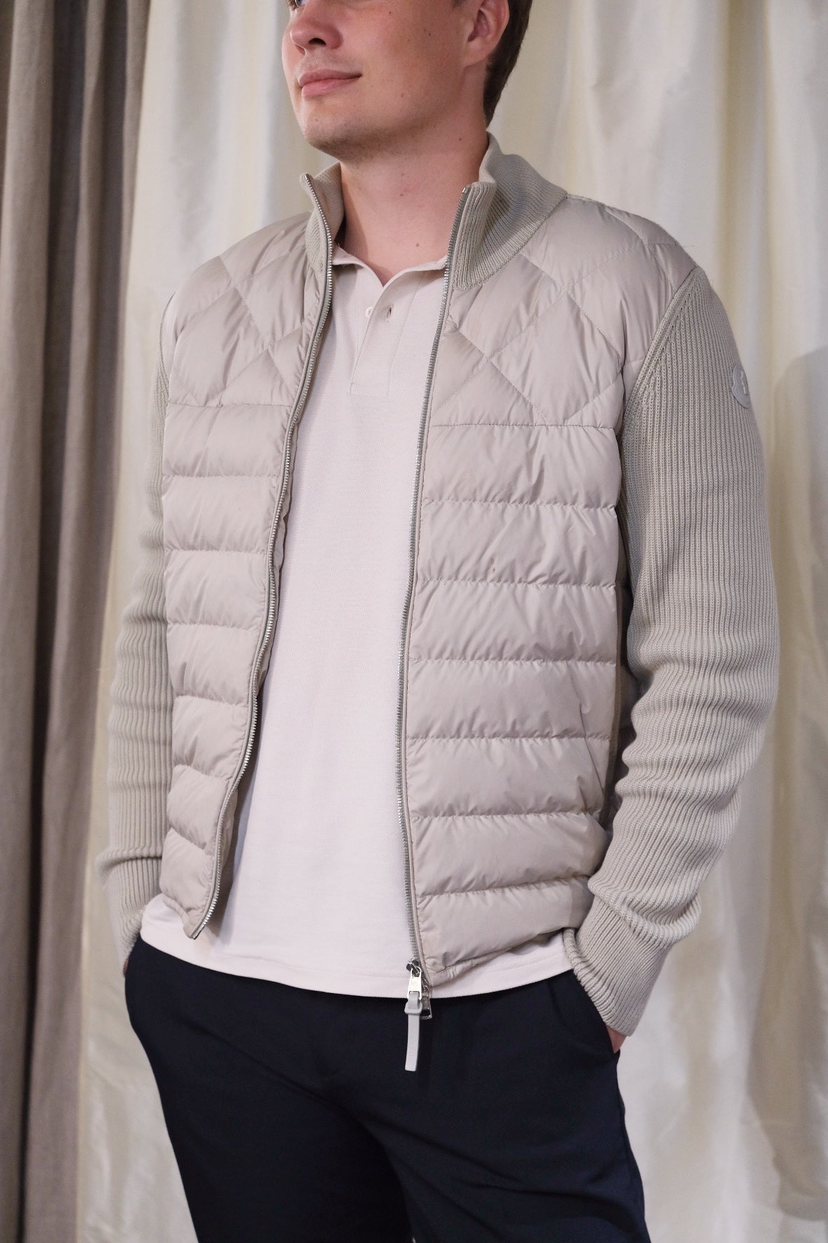 MONCLER Beige Down-Knit Hybrid Jacket - L