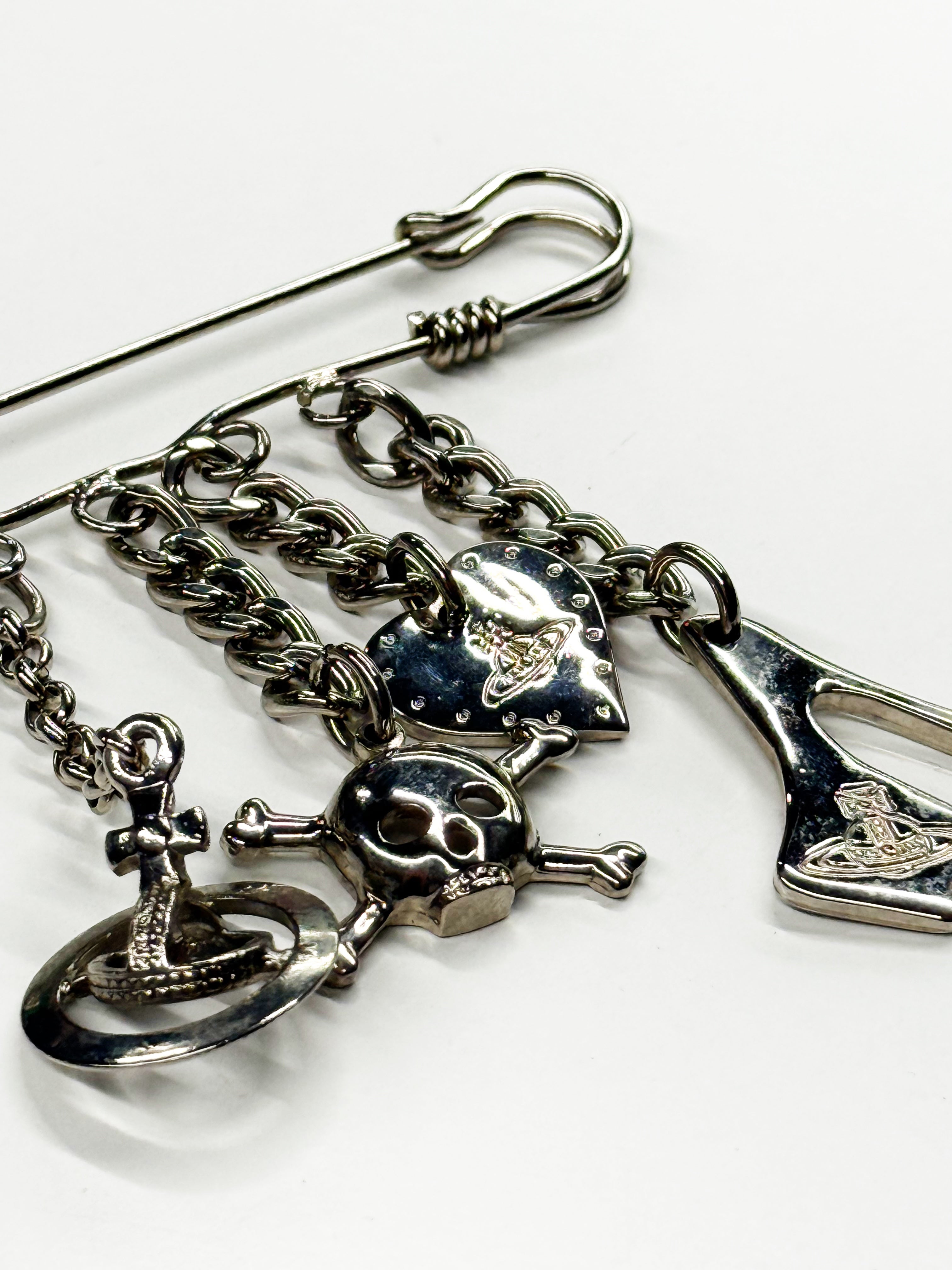 Vivienne Westwood Safety Pin Charm Brooch with Orb & Skull Motifs