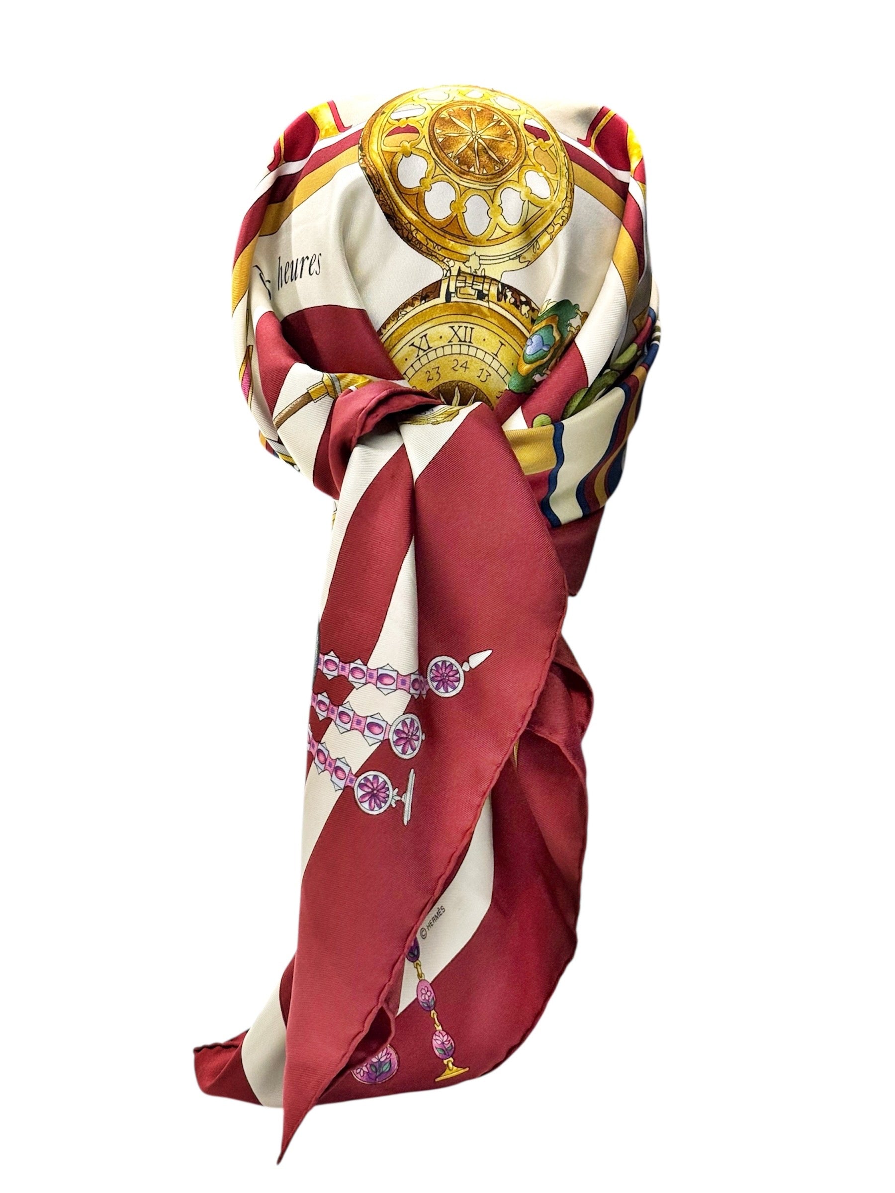 Hermès Silk Scarf “Au fil des heures” – Burgundy, Gold & Multicolor Watch Print, Made in France