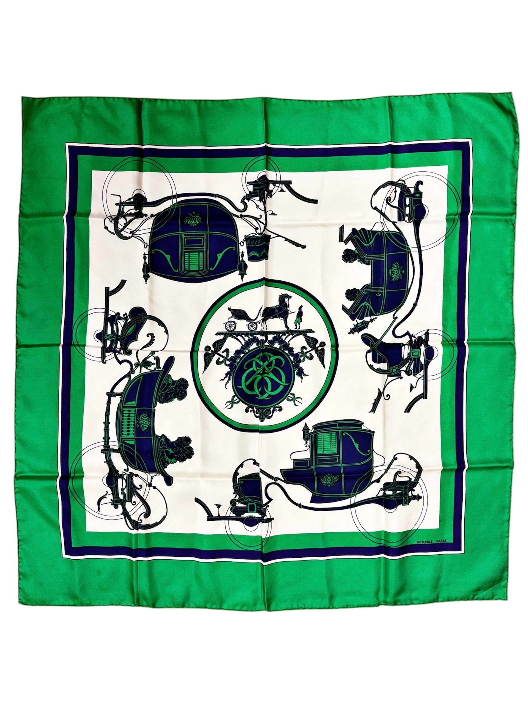 Vintage Hermès Paris Silk Scarf with Equestrian Carriage Print – Green & Navy – 100% Silk France