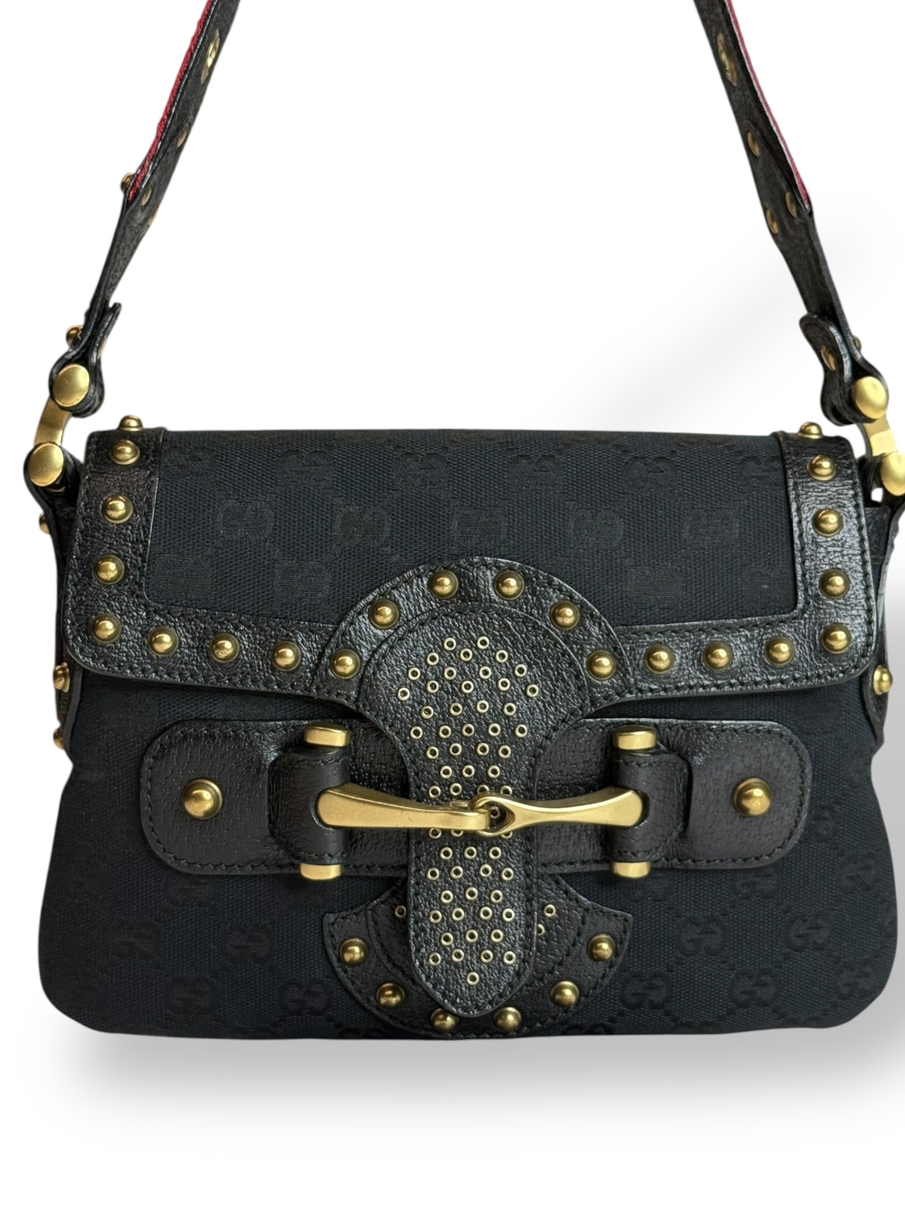 Gucci Studded Pelham Shoulder Bag in Black GG Canvas