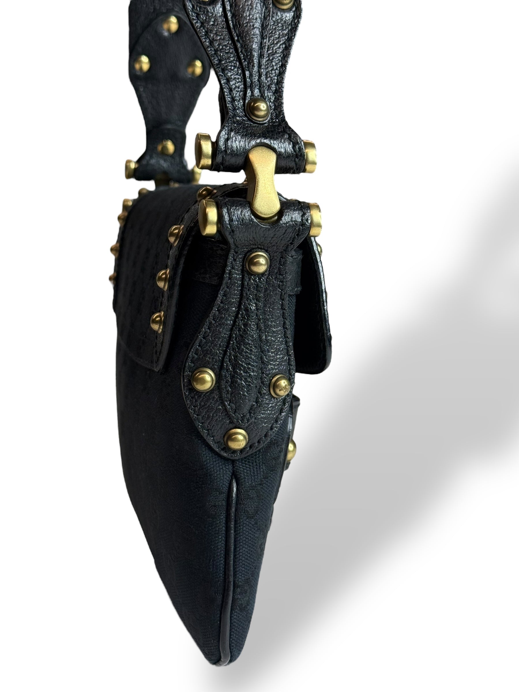 Gucci Studded Pelham Shoulder Bag in Black GG Canvas