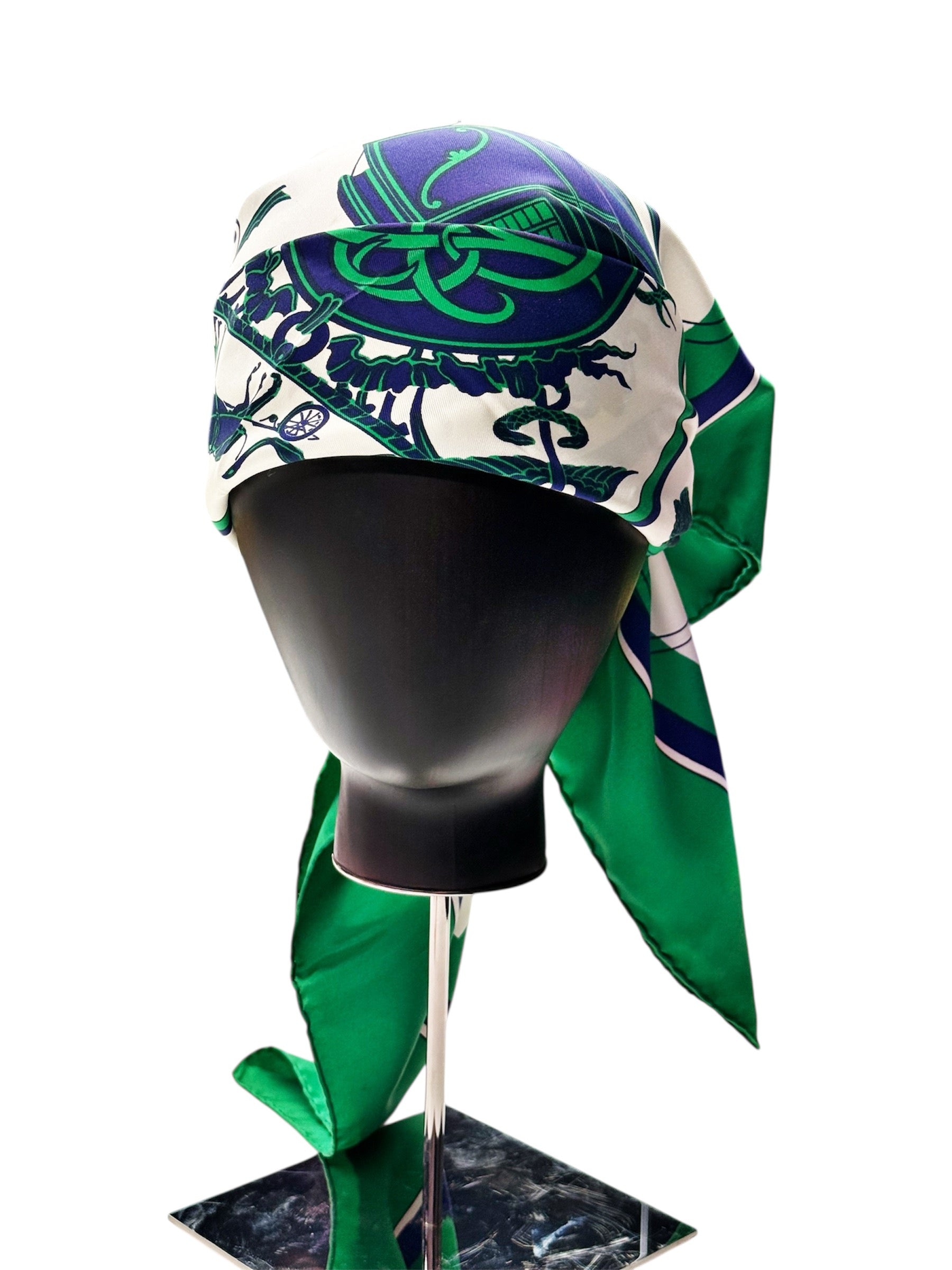 Vintage Hermès Paris Silk Scarf with Equestrian Carriage Print – Green & Navy – 100% Silk France