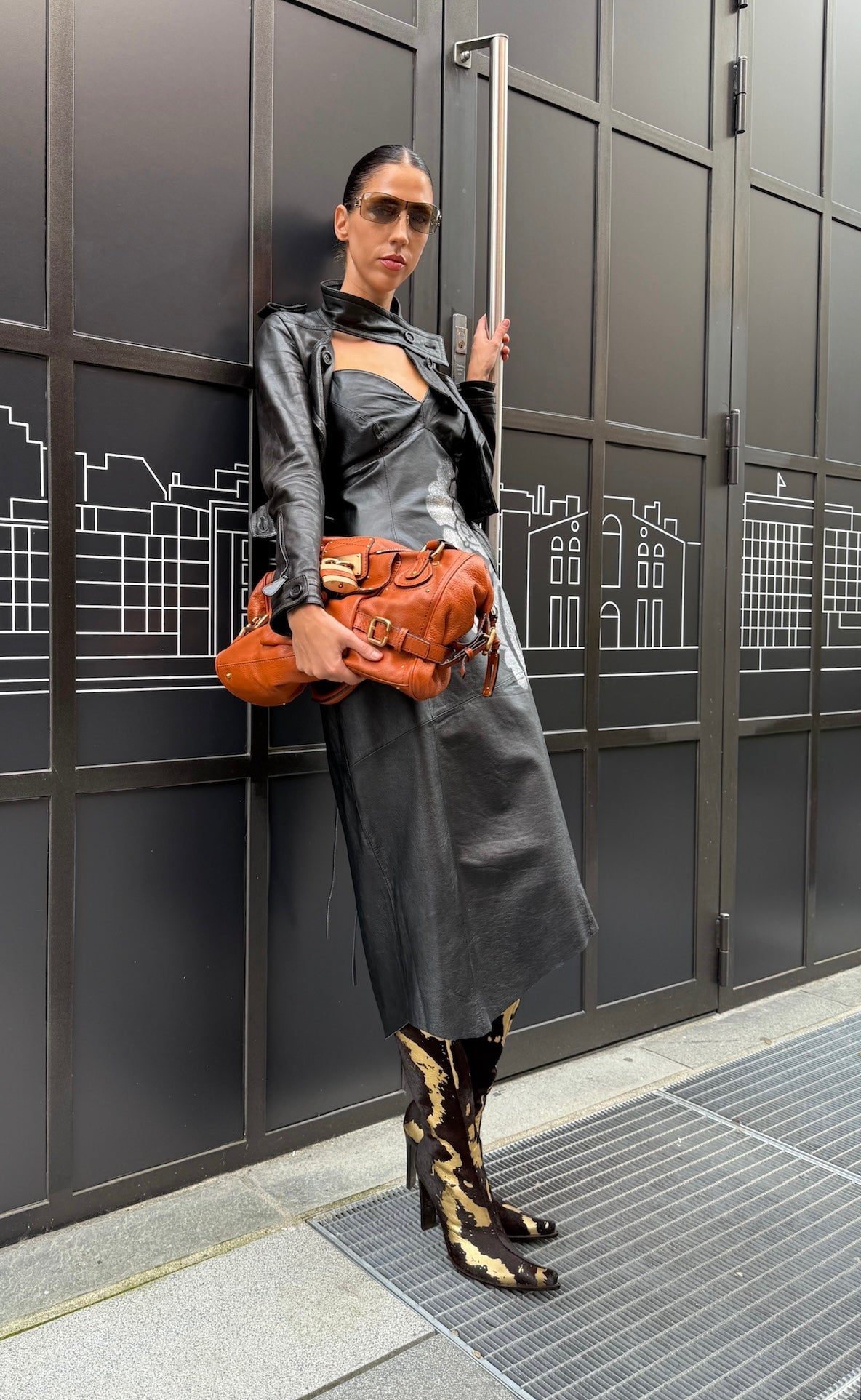 Black Leather Lace-Up Dress with Spray Floral Detail — Faust