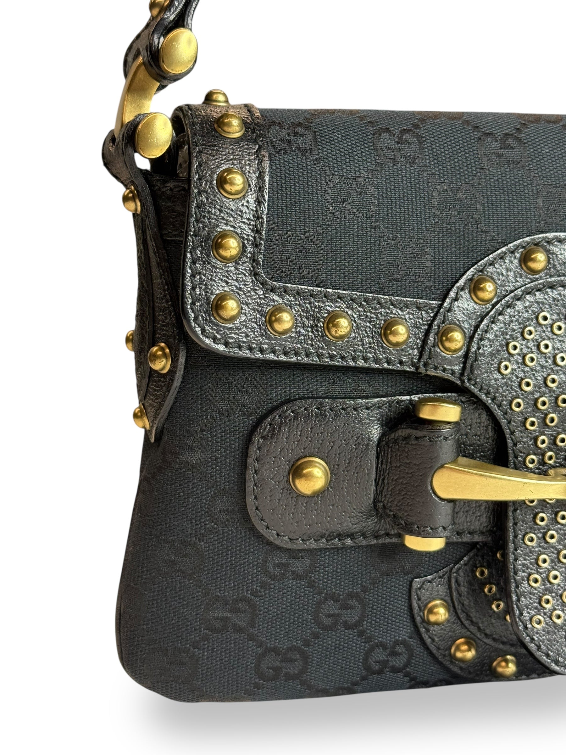 Gucci Studded Pelham Shoulder Bag in Black GG Canvas