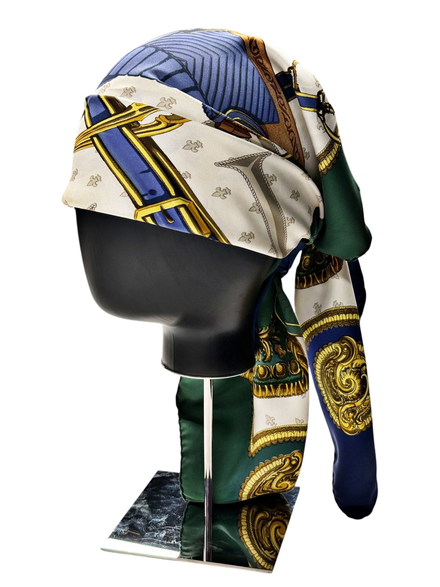 Hermès “Selles à Housse” Vintage Silk Scarf – Green, Navy & Gold Equestrian Print, Made in France