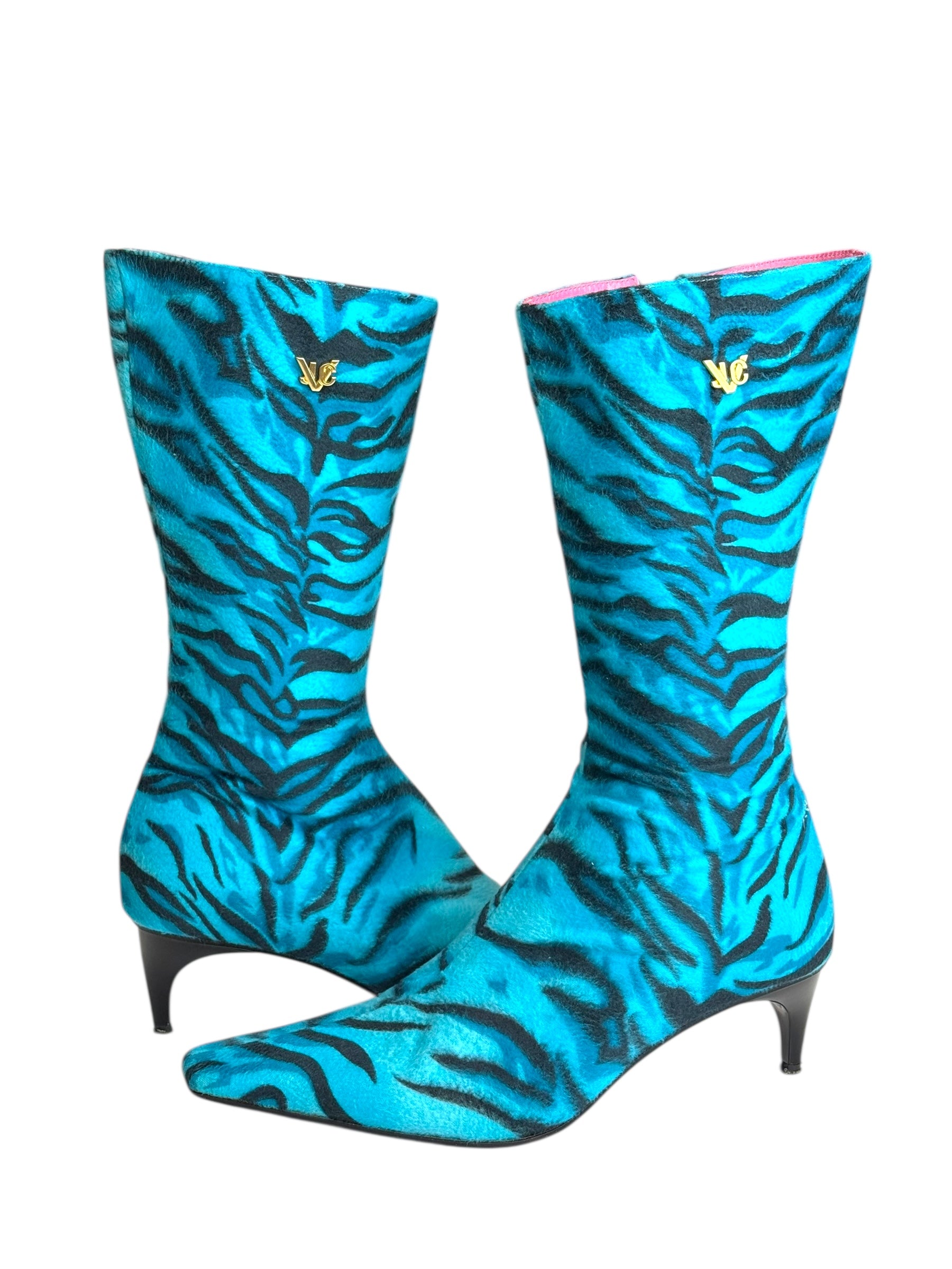 Versace Blue Zebra Print Calf Hair Boots - 40