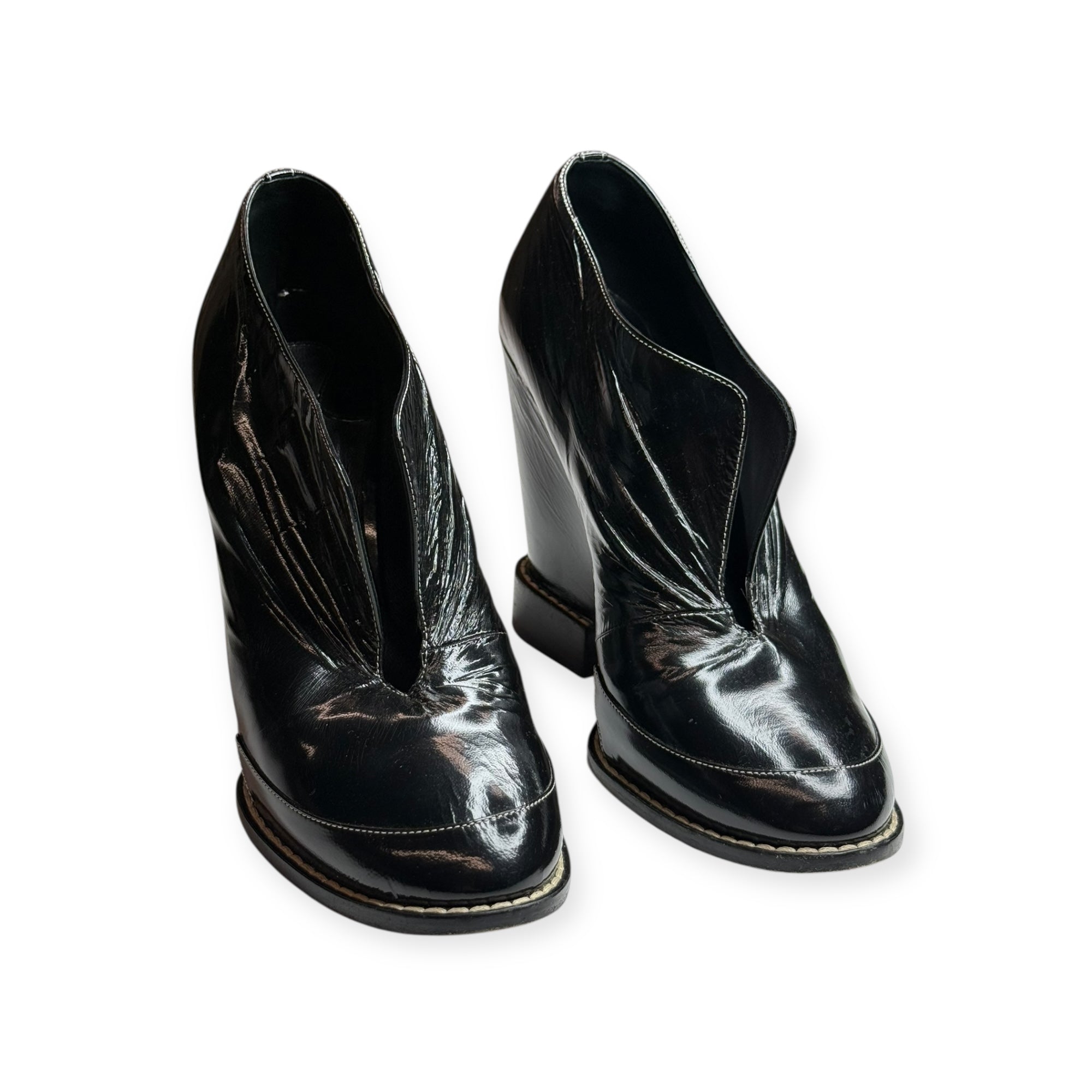 Chloé Black Patent Leather Wedge Ankle Boots - 38 1/2