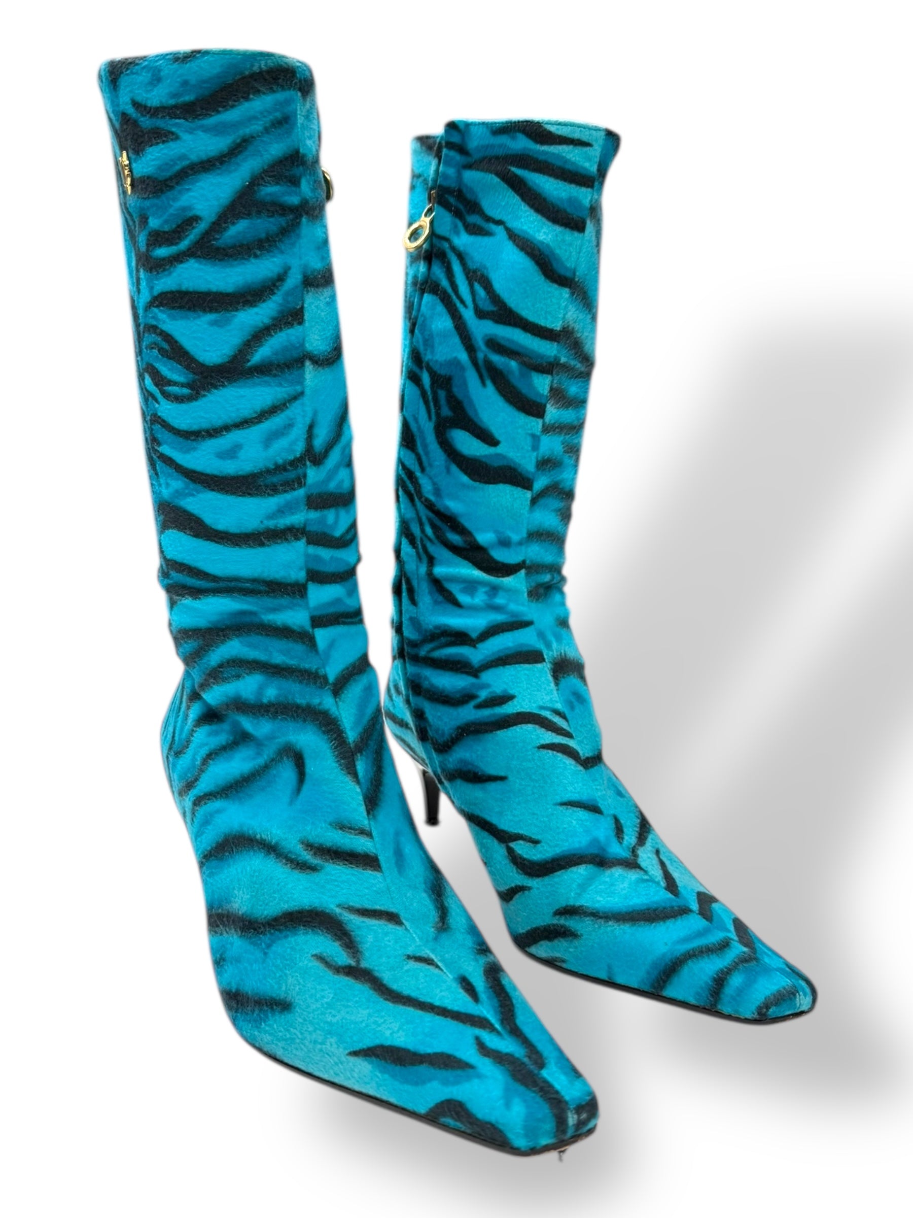 Versace Blue Zebra Print Calf Hair Boots - 40