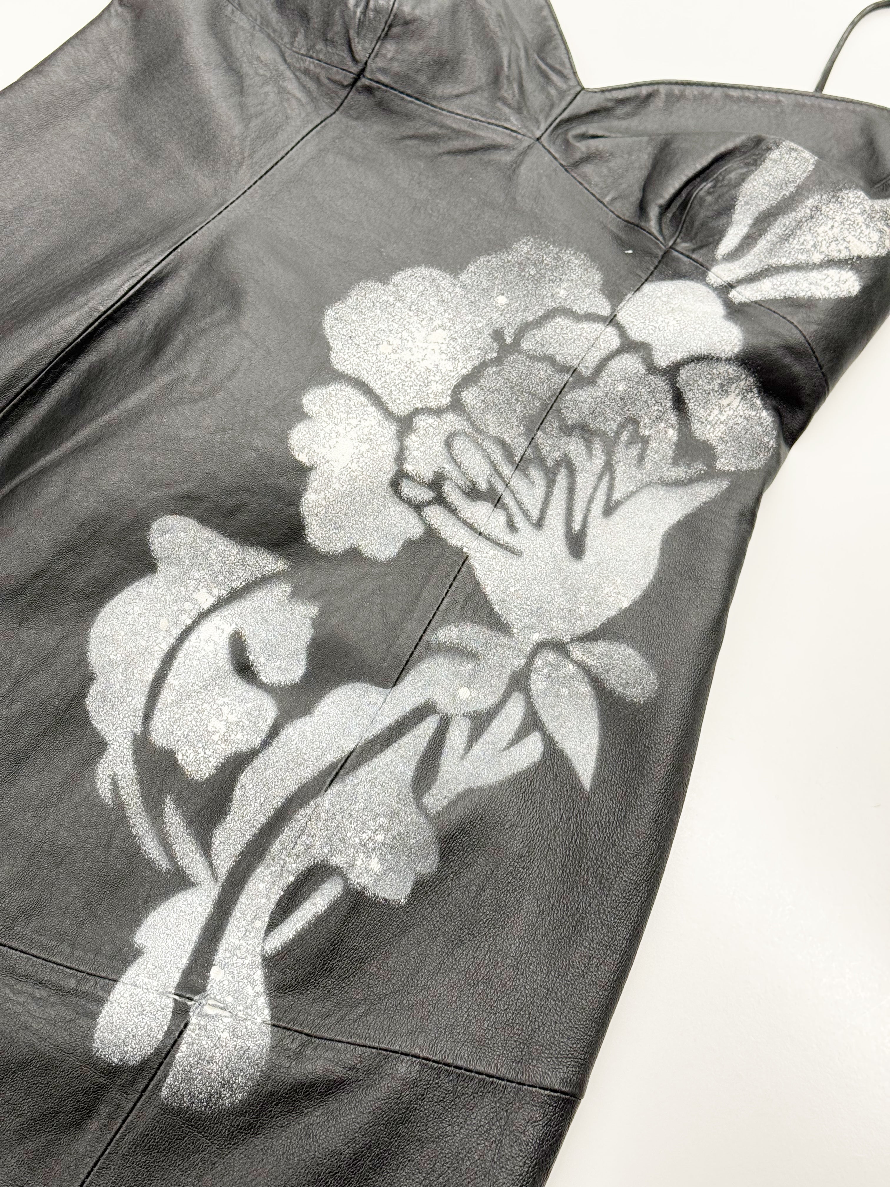 Black Leather Lace-Up Dress with Spray Floral Detail — Faust