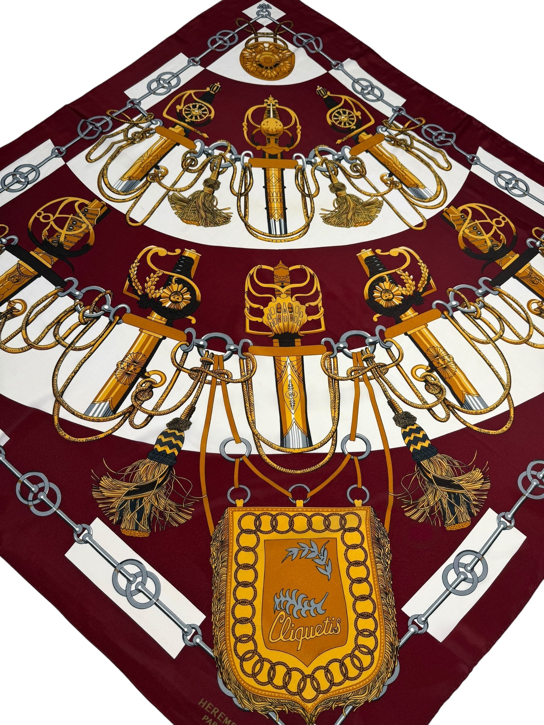 HERMÈS “CLIQUETIS” VINTAGE SILK SCARF – BORDEAUX