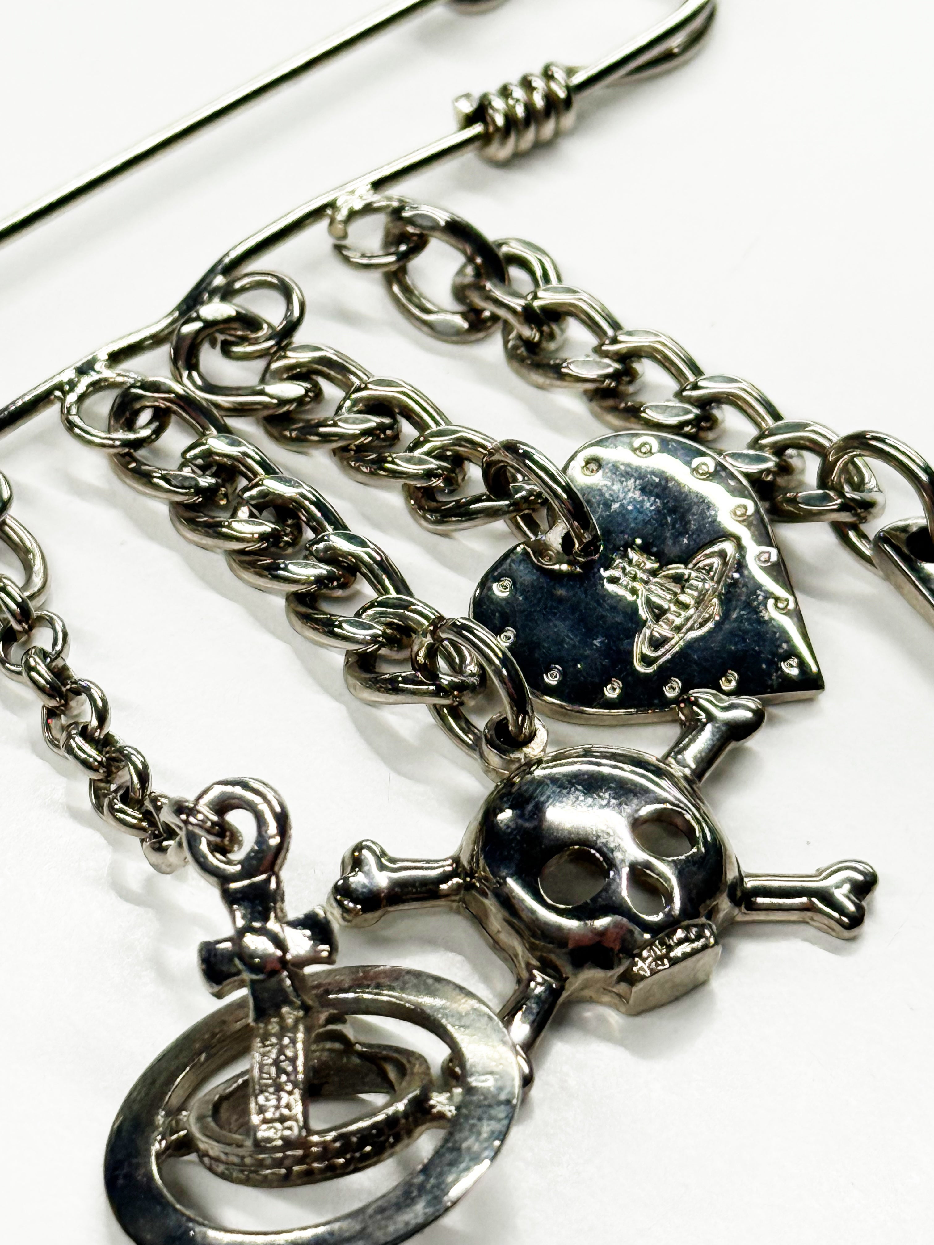 Vivienne Westwood Safety Pin Charm Brooch with Orb & Skull Motifs