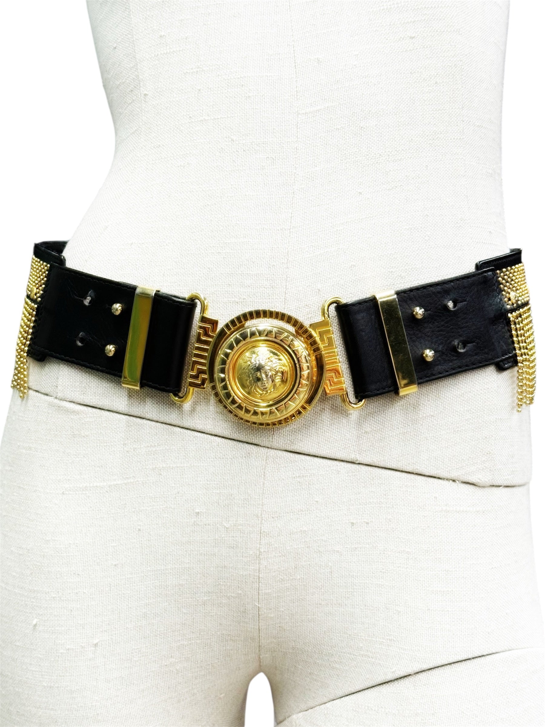 GIANNI VERSACE Black Leather Medusa Chain Belt