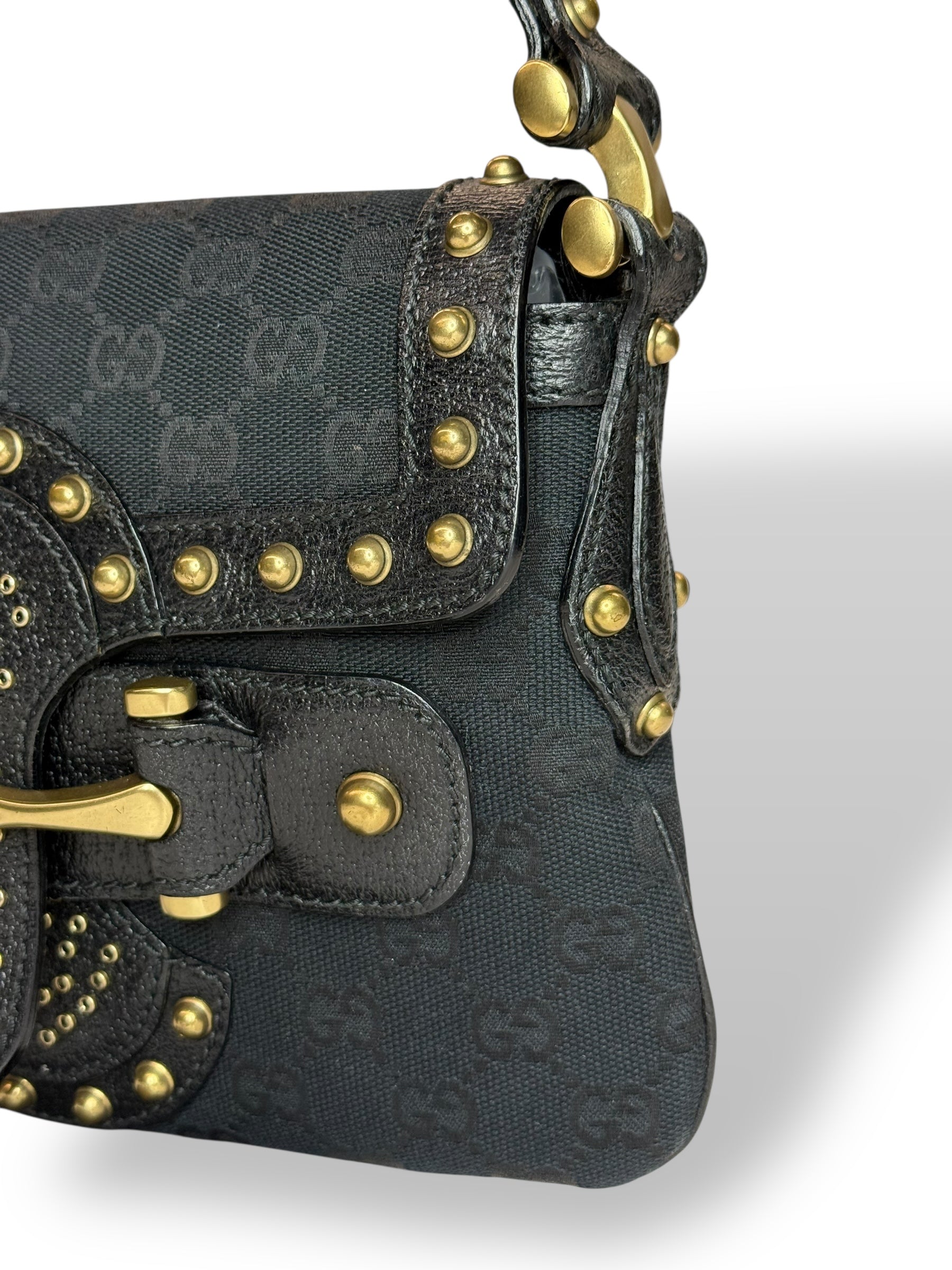 Gucci Studded Pelham Shoulder Bag in Black GG Canvas