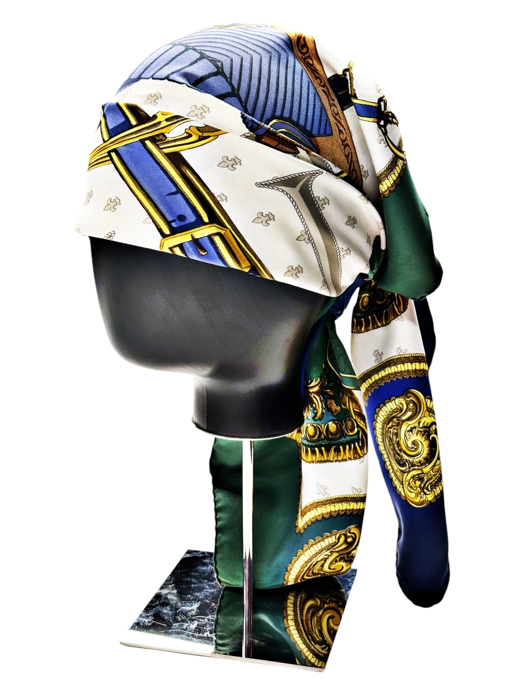 Hermès “Selles à Housse” Vintage Silk Scarf – Green, Navy & Gold Equestrian Print, Made in France