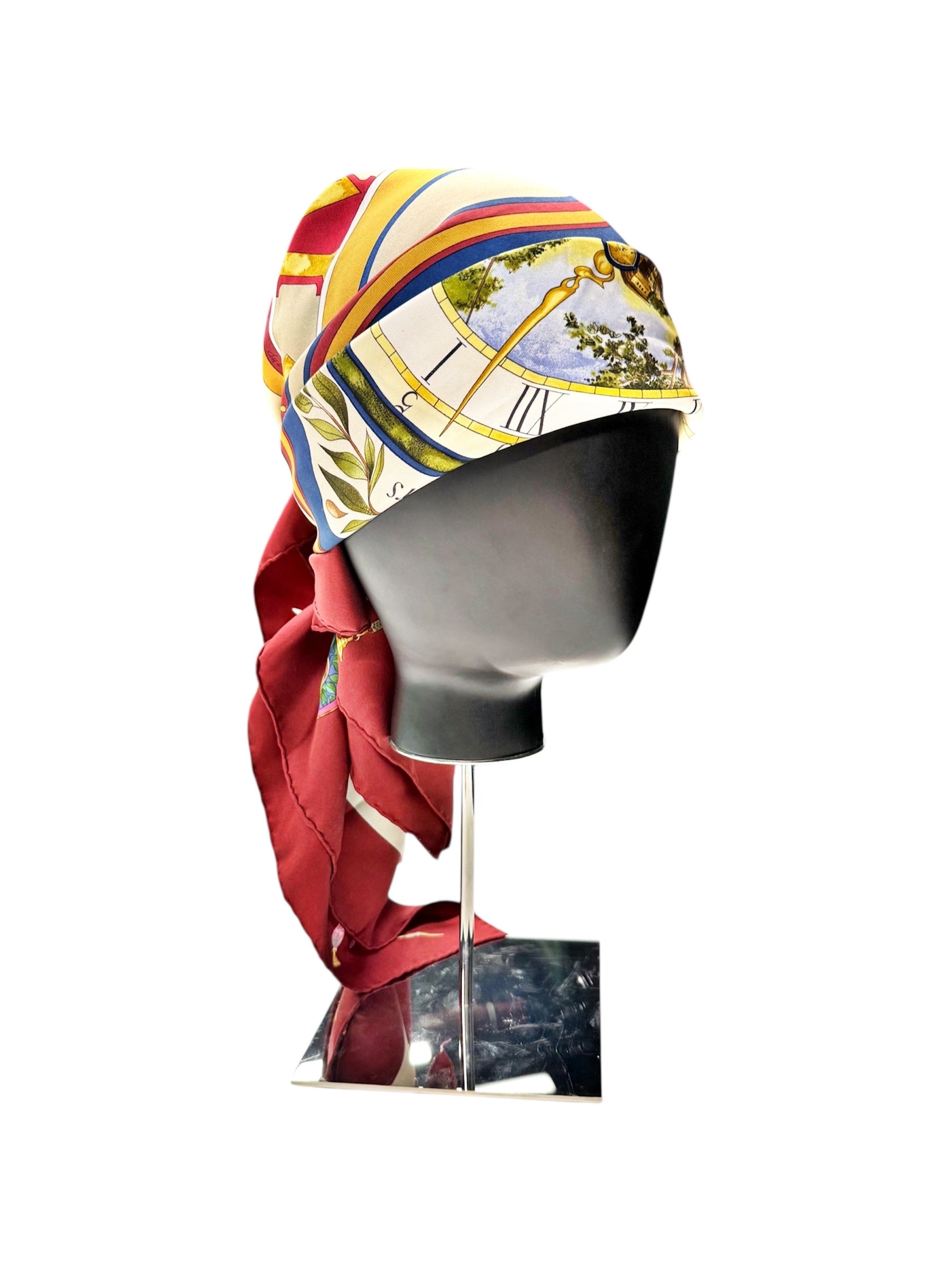 Hermès Silk Scarf “Au fil des heures” – Burgundy, Gold & Multicolor Watch Print, Made in France