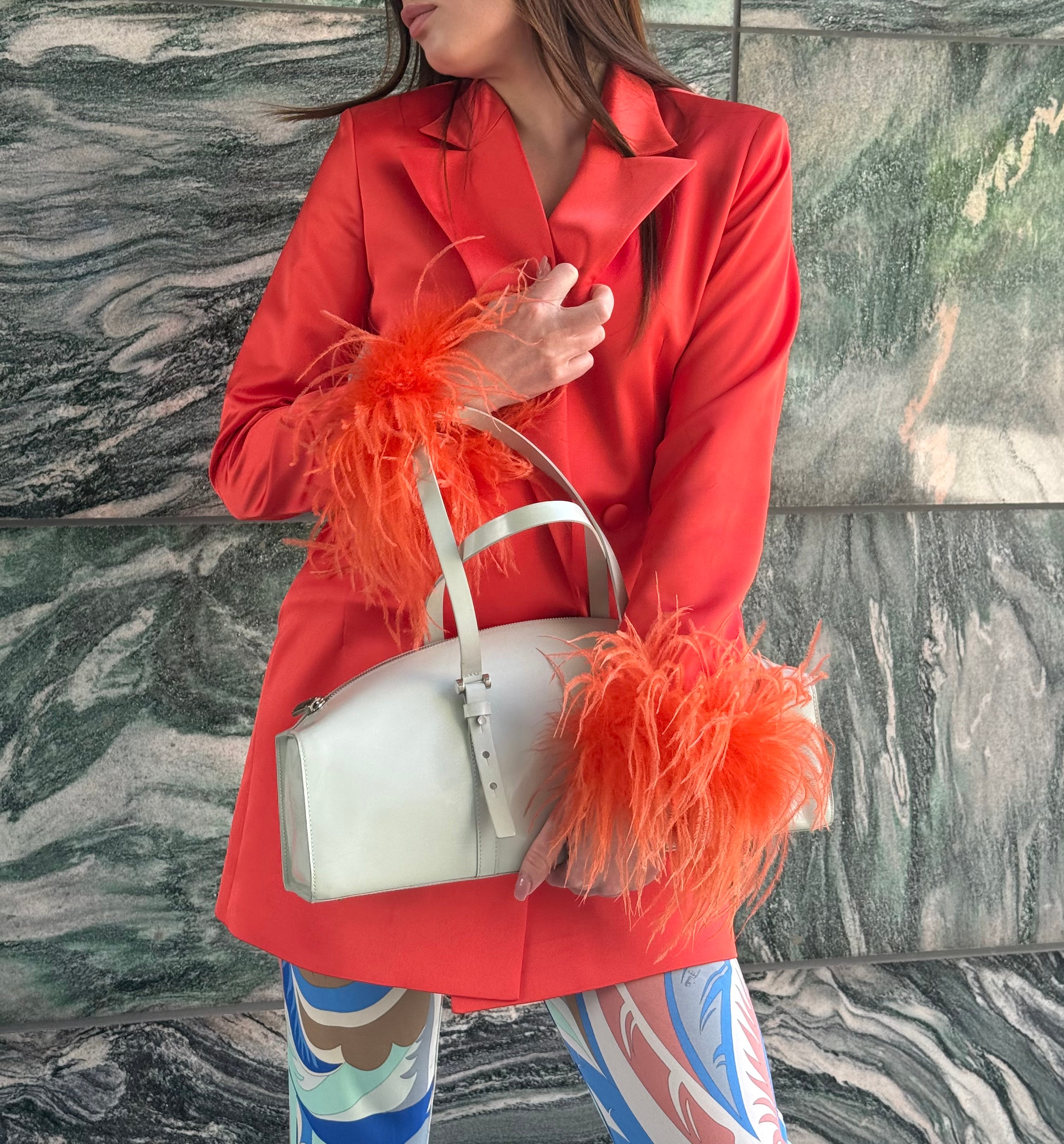 Alberto Audenino Orange Feather-Trim Blazer Dress