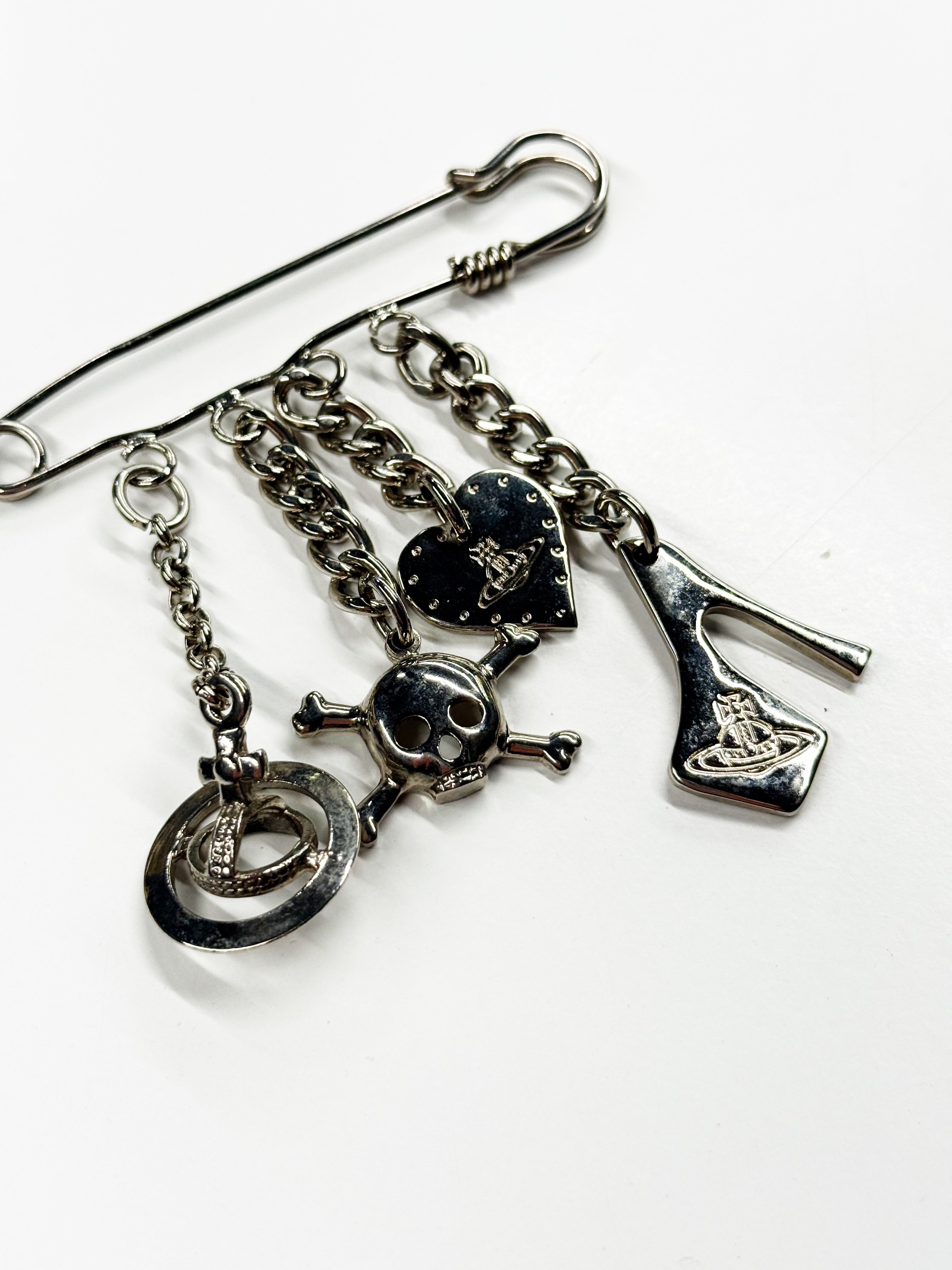Vivienne Westwood Safety Pin Charm Brooch with Orb & Skull Motifs