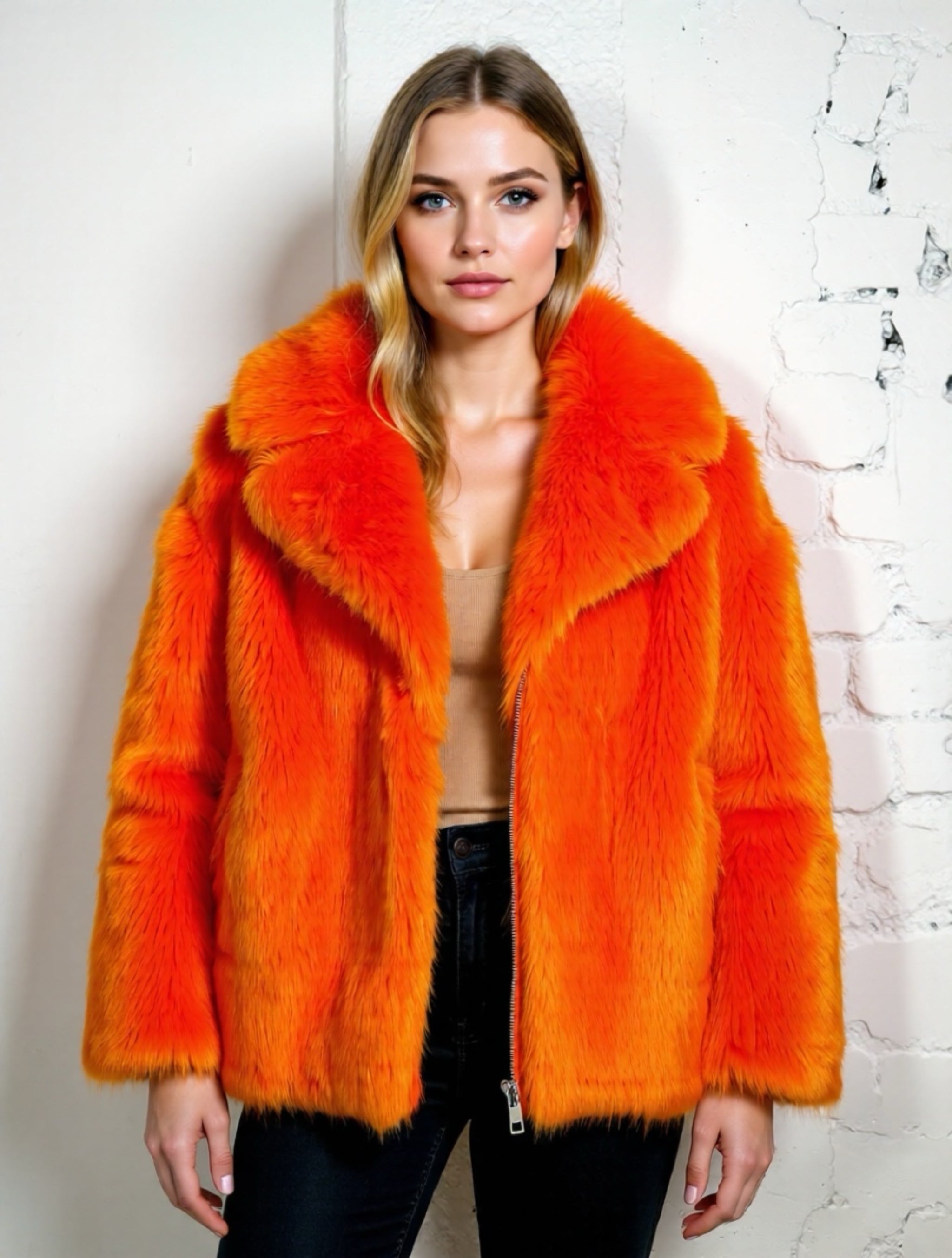 Diane von Furstenberg Faux Fur Coat in Tangerine - M