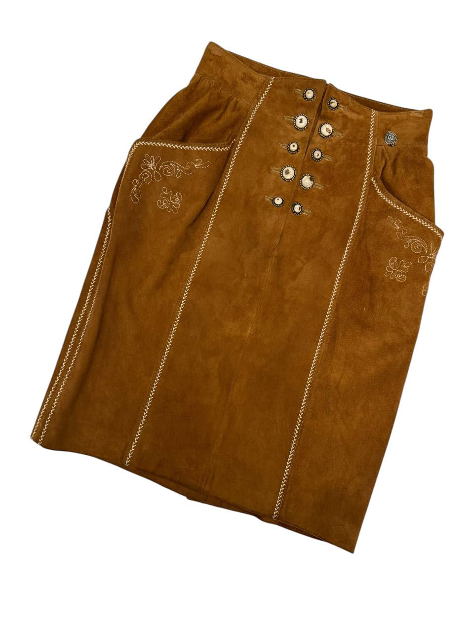 Burgi Traditional Austrian Leather Skirt with Embroidery (Brown)