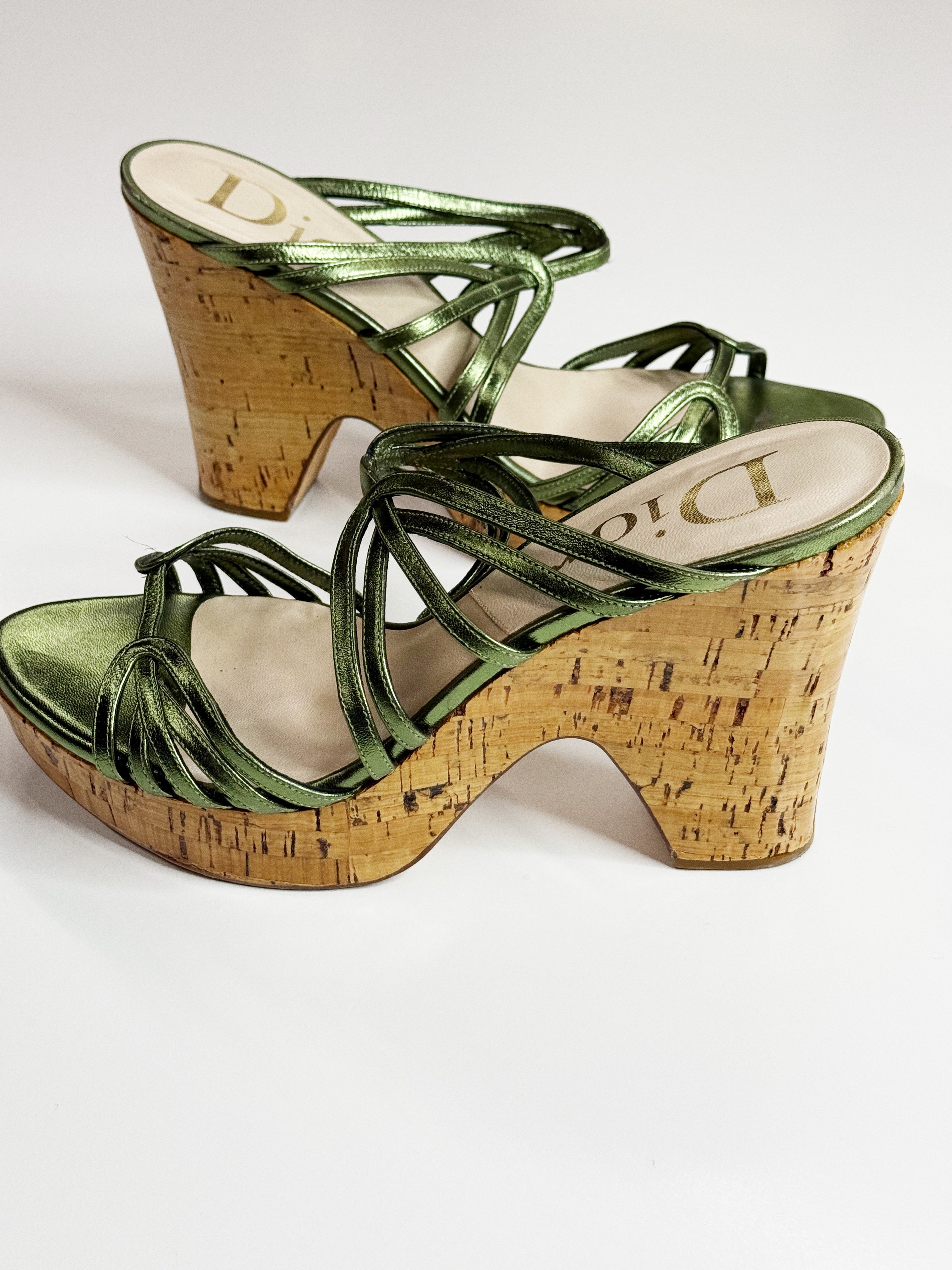 Christian Dior Metallic Green Cork Wedge Sandals