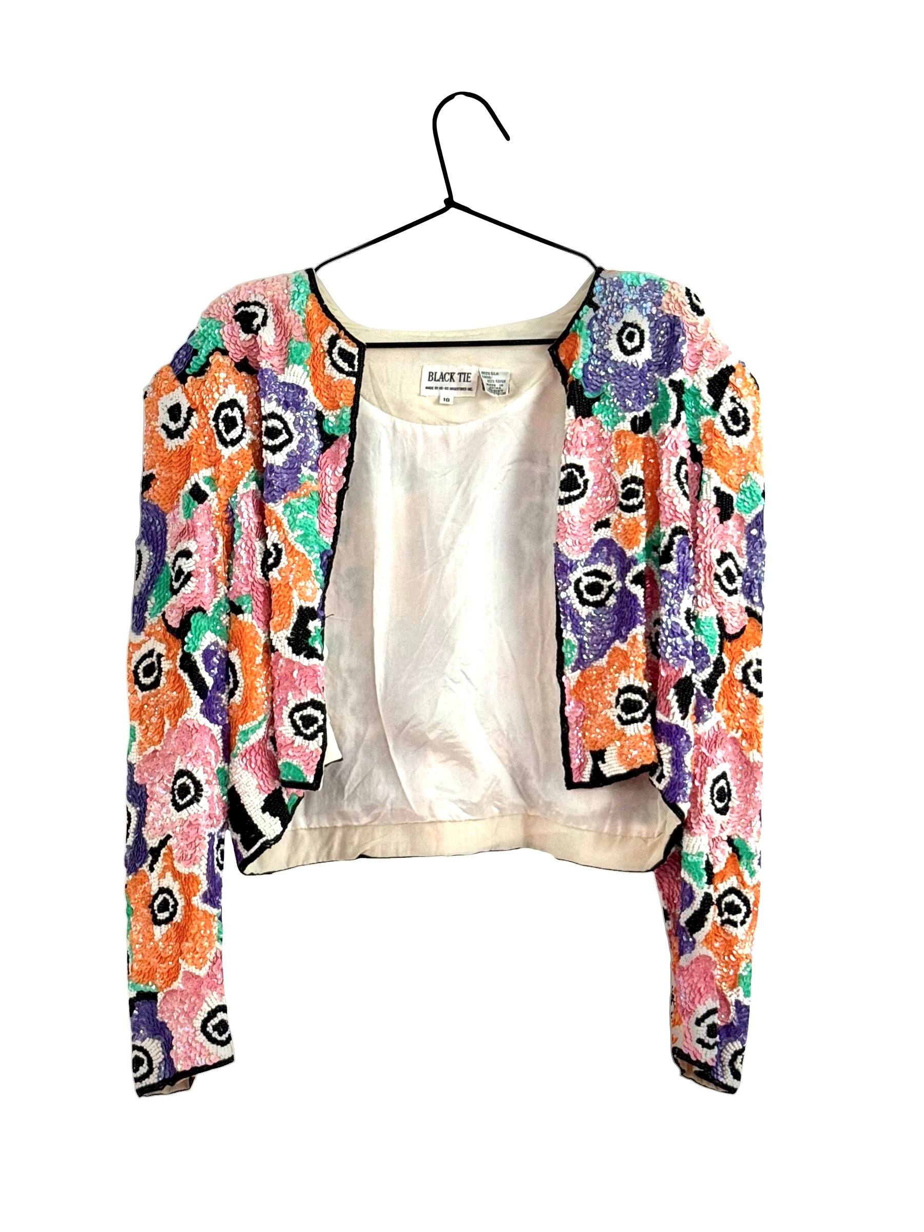 Vintage Black Tie Sequin Floral Silk Jacket - EU 38–40