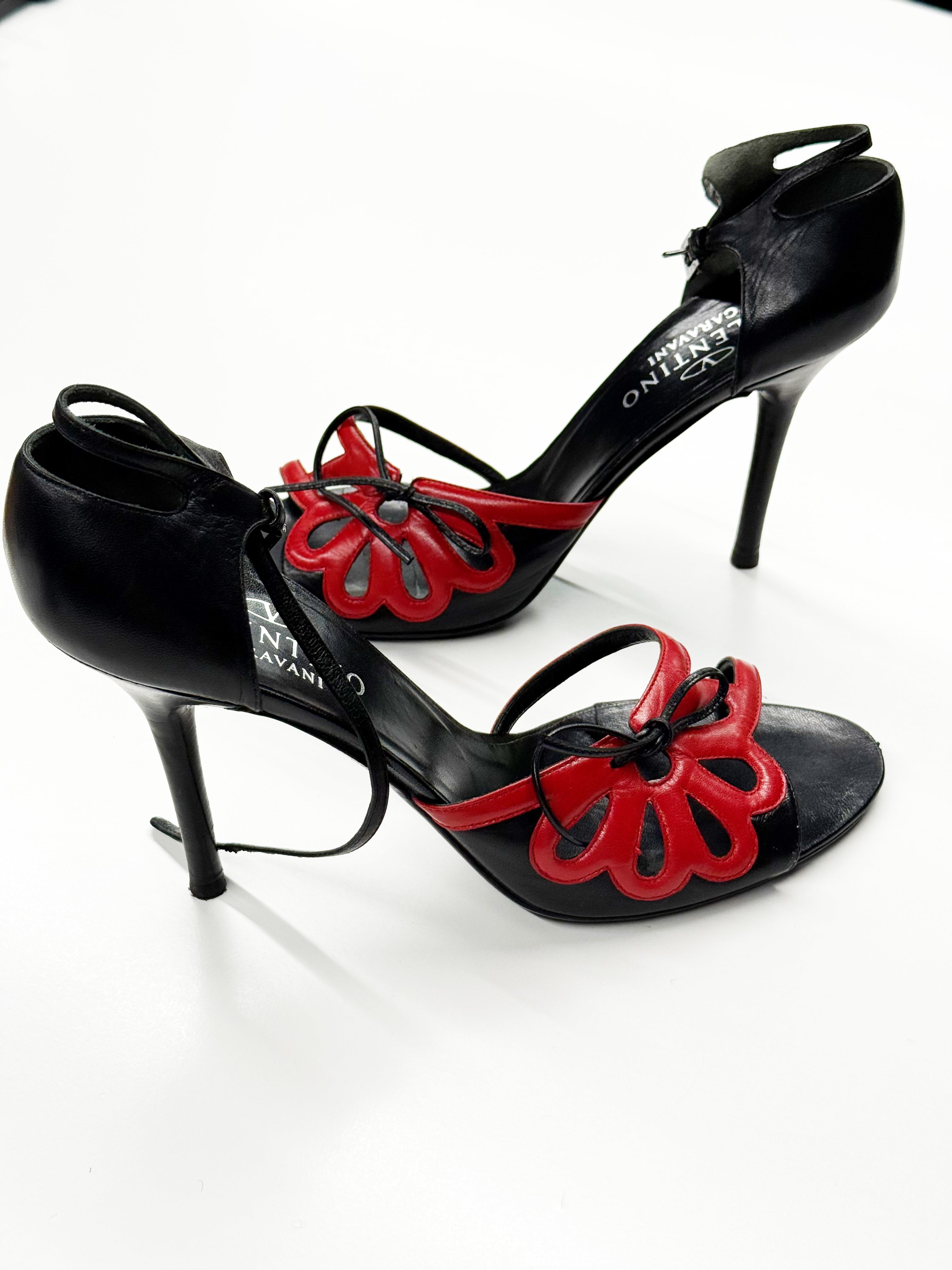 Valentino Garavani Red & Black Leather Heeled Sandals