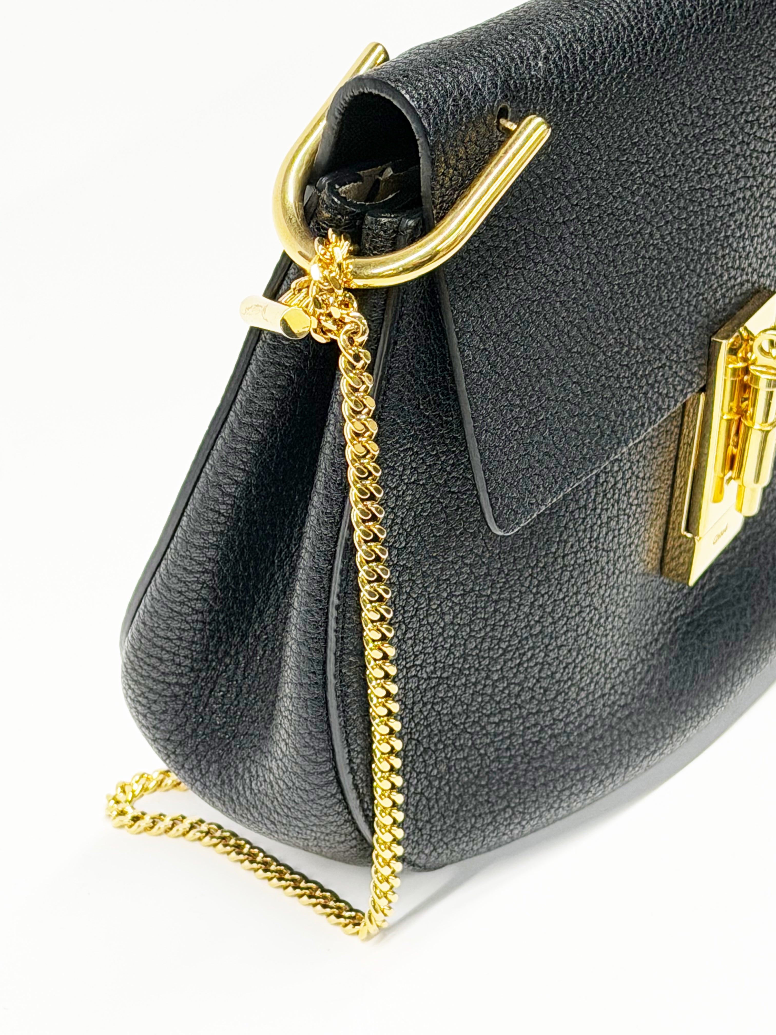 Chloé Drew Black Grained Leather Chain Shoulder Bag Gold Hardware