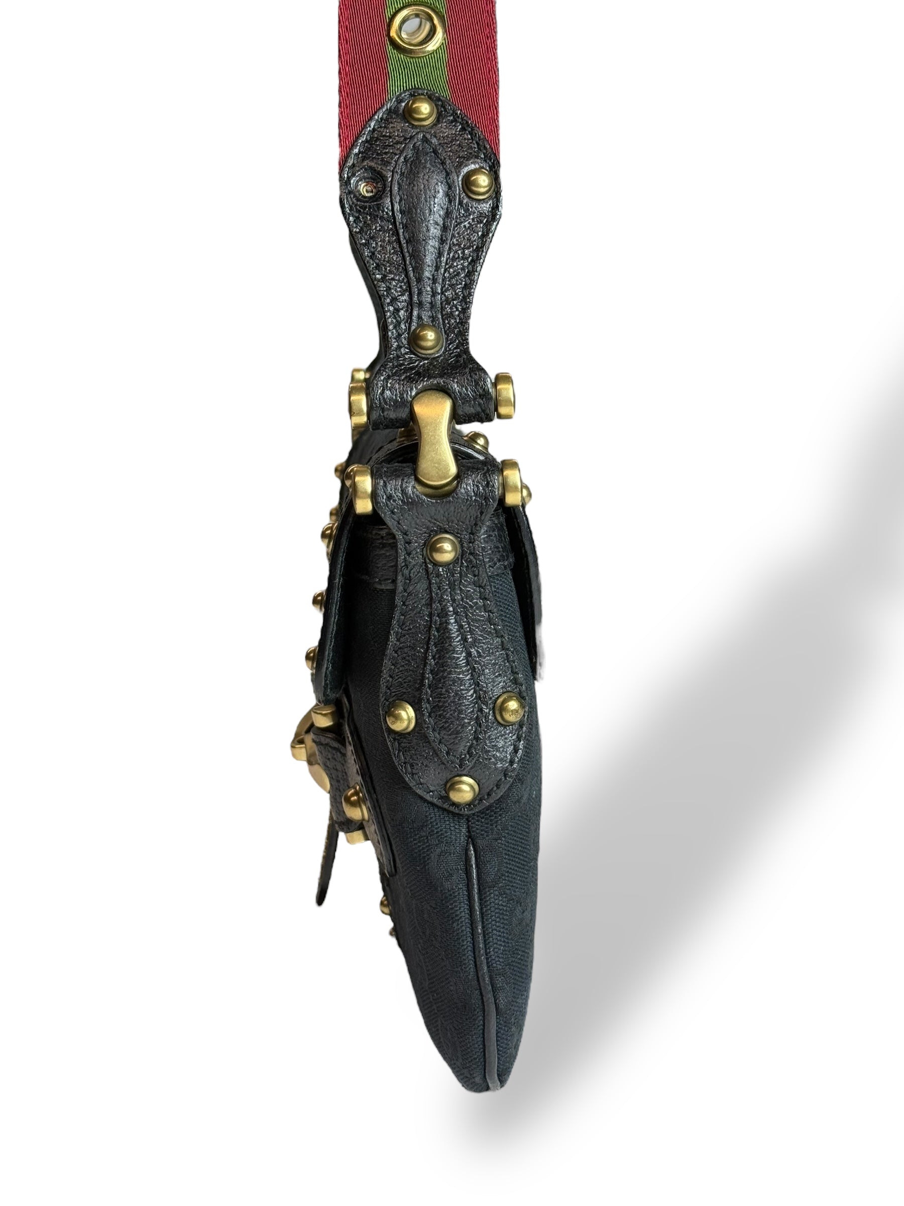 Gucci Studded Pelham Shoulder Bag in Black GG Canvas