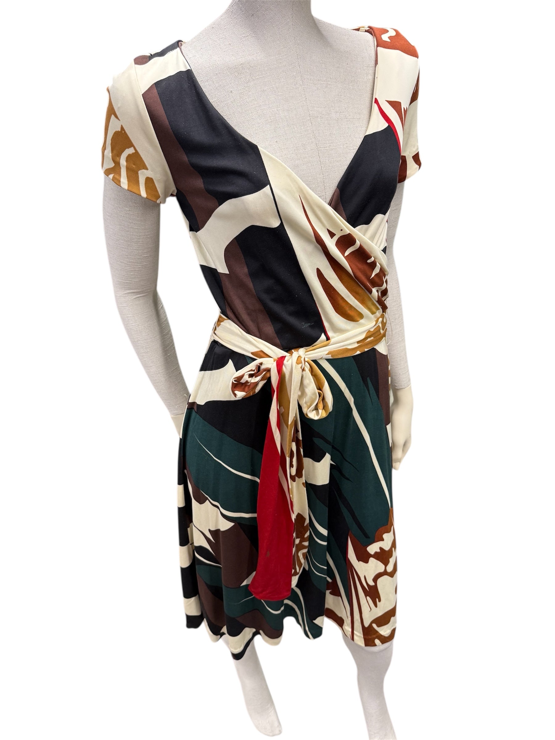 ISSA London Long-Sleeve Silk Dress – Green & Brown Graphic Print