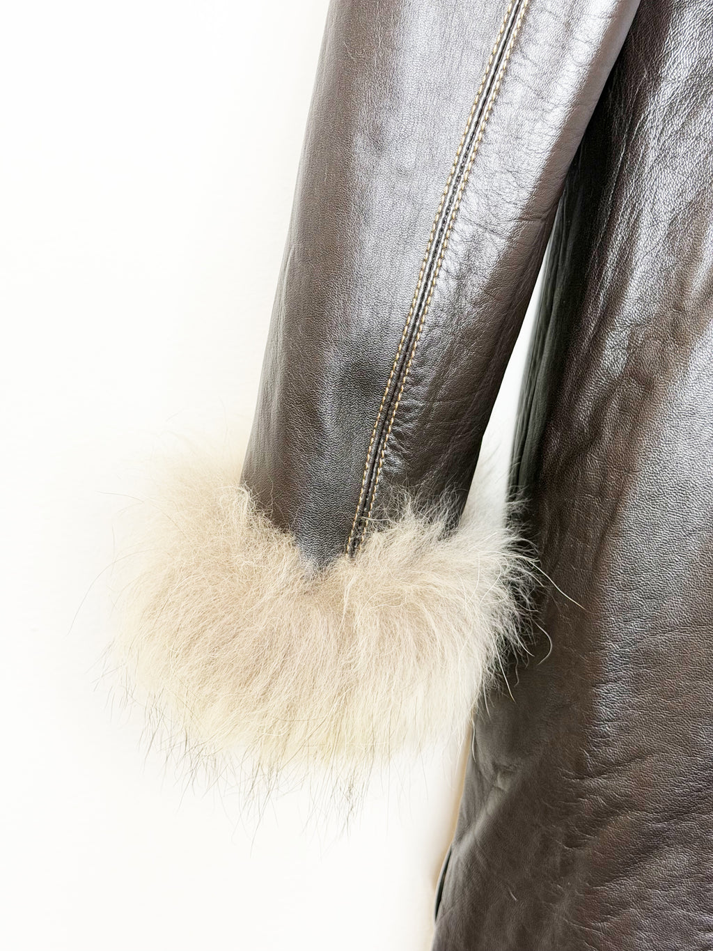 WORLD by Patricia Leather Coat with Fur Trim