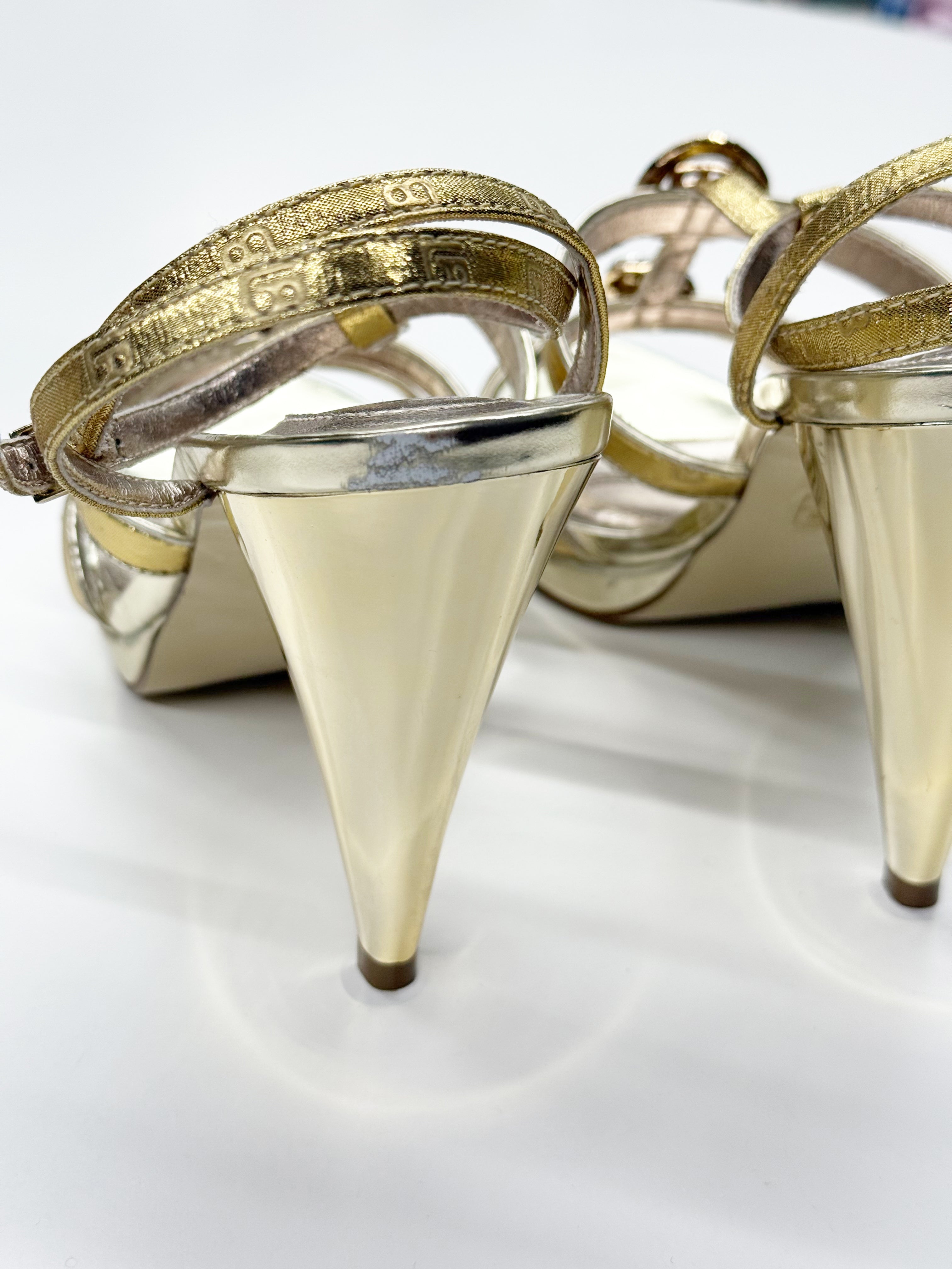 Laura Biagiotti Gold High-Heel Sandals with Crystal Embellishments