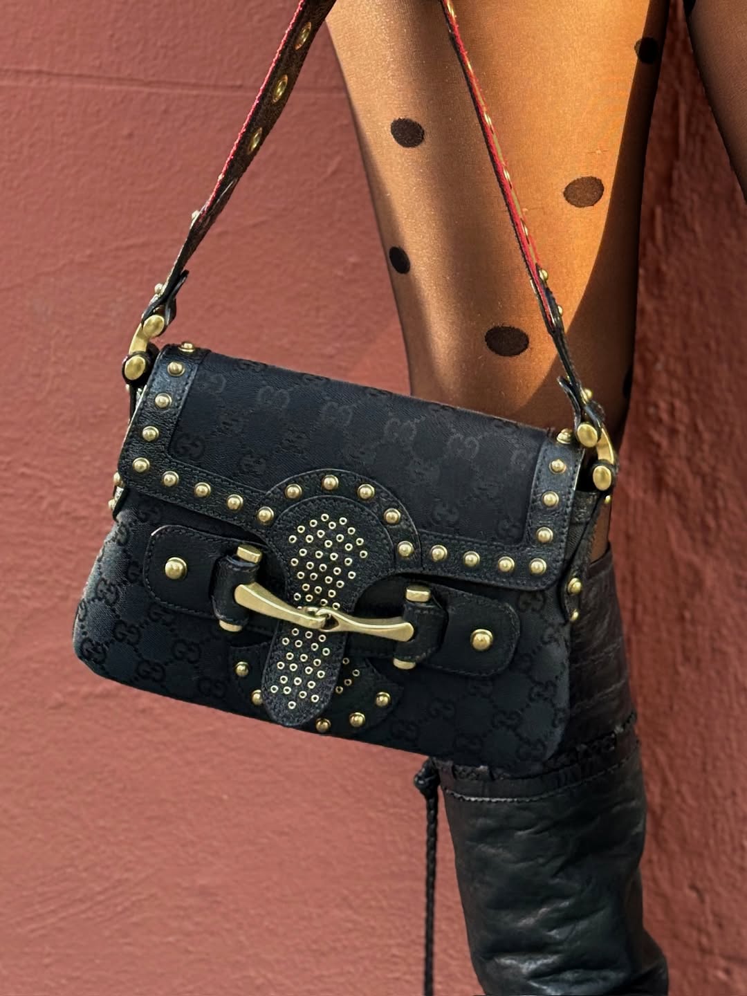 Gucci Studded Pelham Shoulder Bag in Black GG Canvas