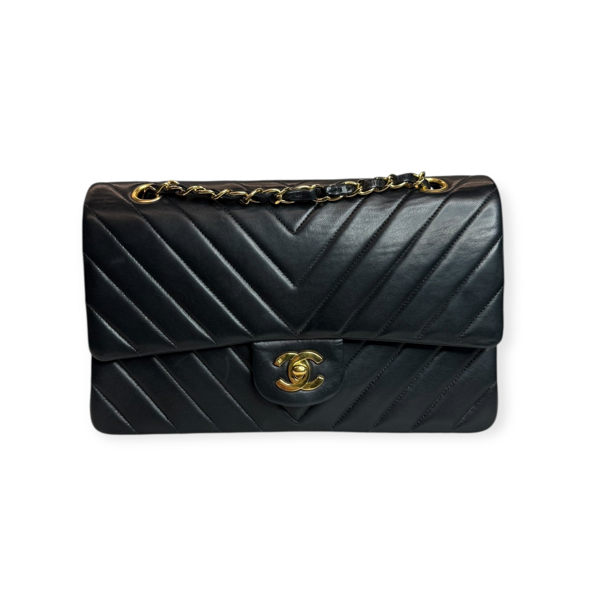 Chanel Vintage Double Flap Medium Chevron Bag — Black Lambskin, 24K