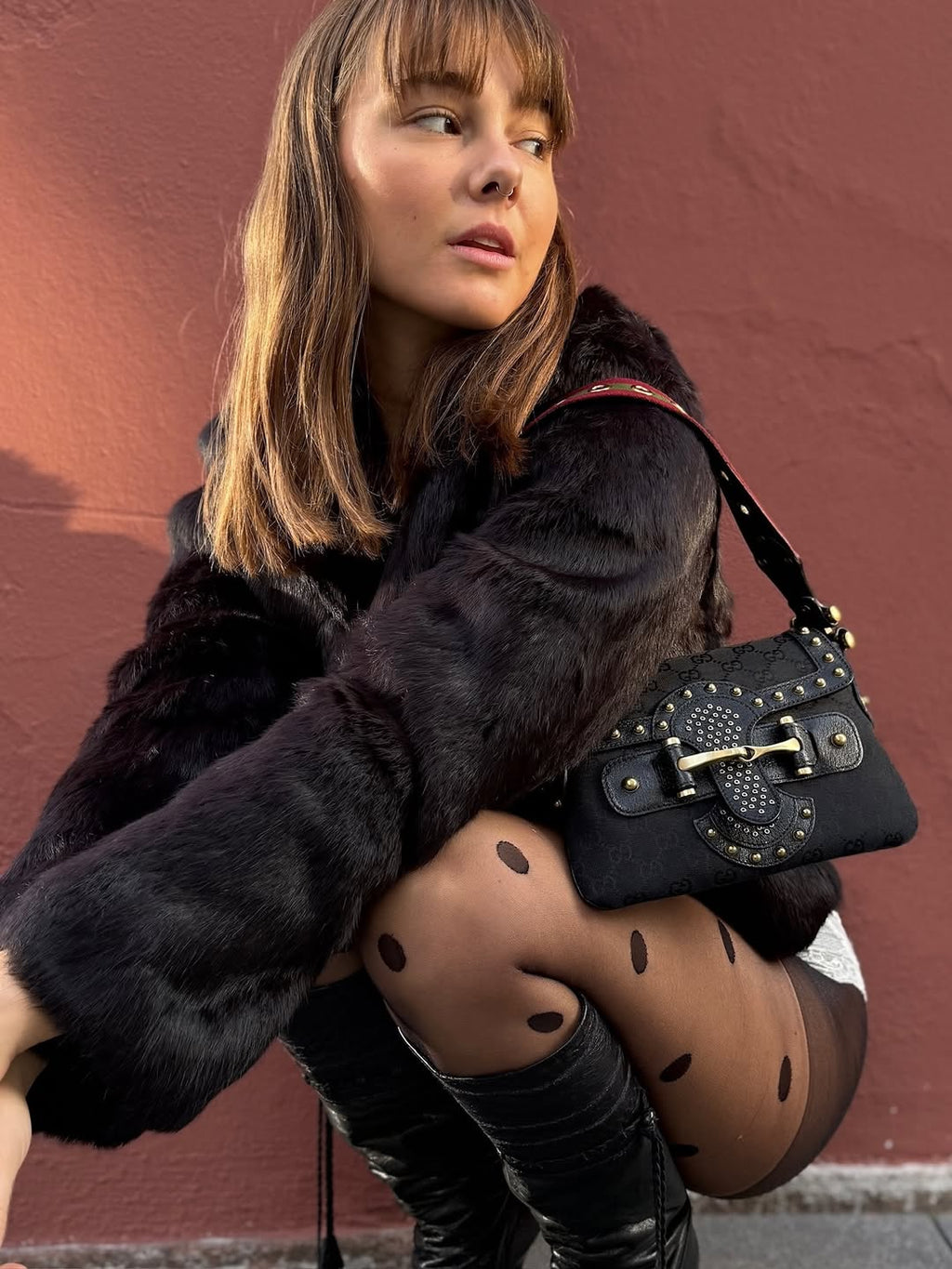 Gucci Studded Pelham Shoulder Bag in Black GG Canvas