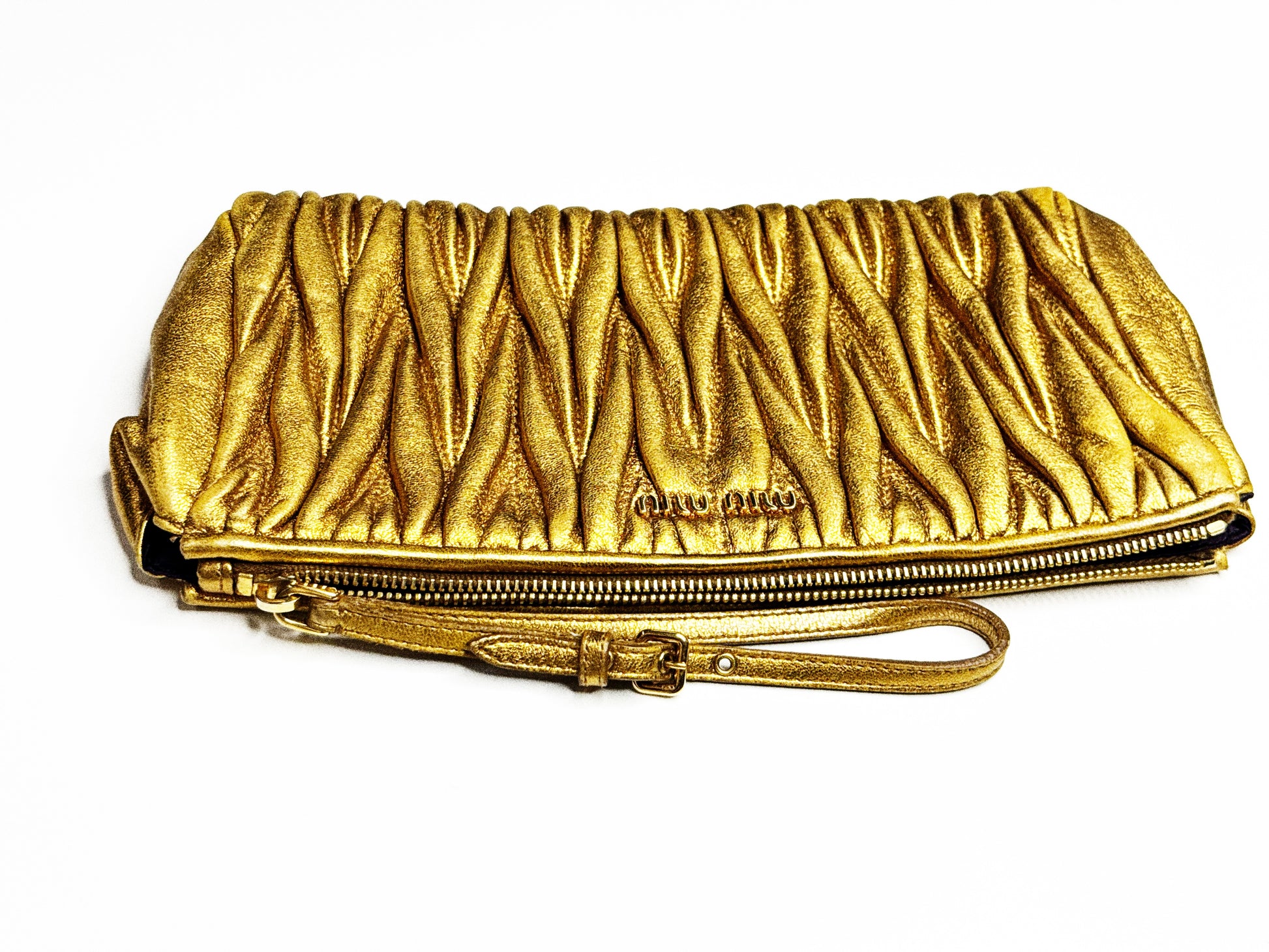 Miu Miu Ruched Metallic Gold Leather Clutch